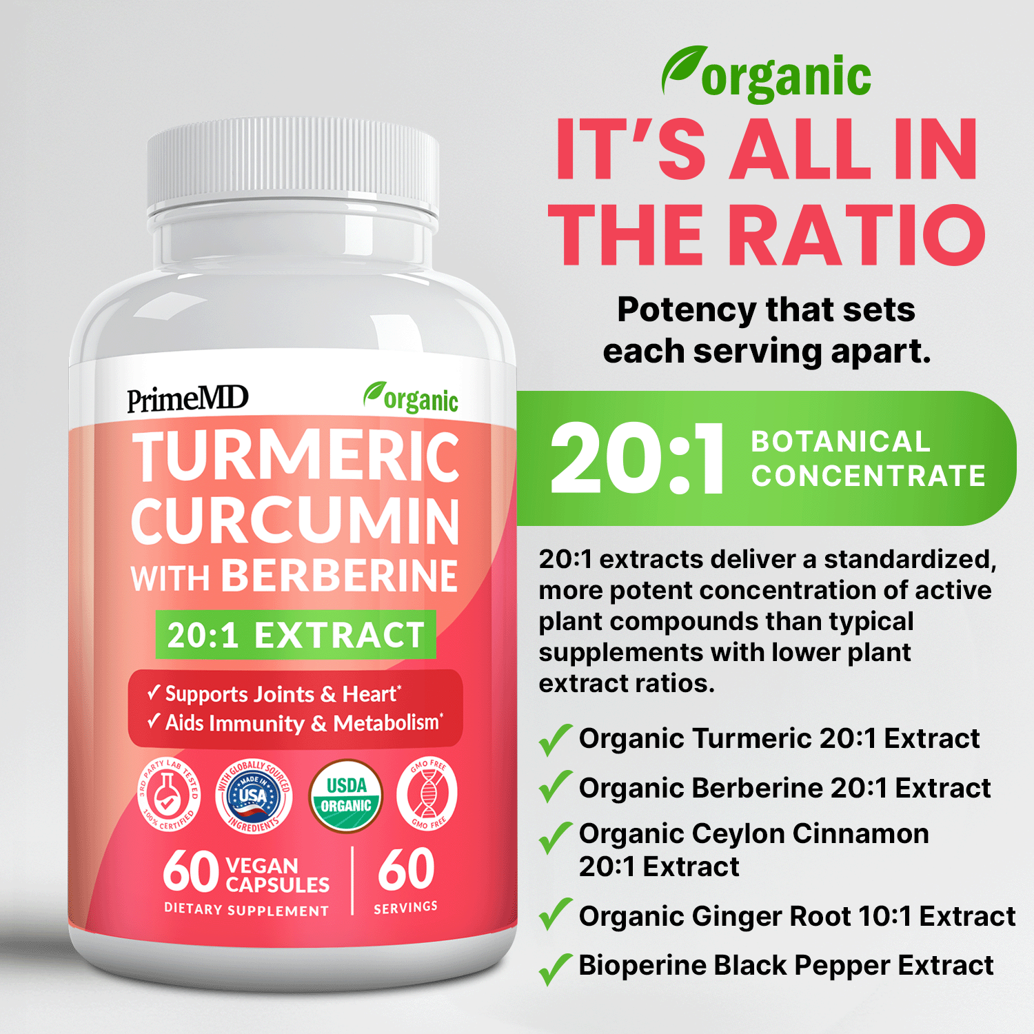 5-in-1 Organic Turmeric Curcumin Supplement (4210mg) with Berberine, Ceylon Cinnamon Bioperine and Ginger Supplements for Joint, Heart, Gut, & Metabolic Support