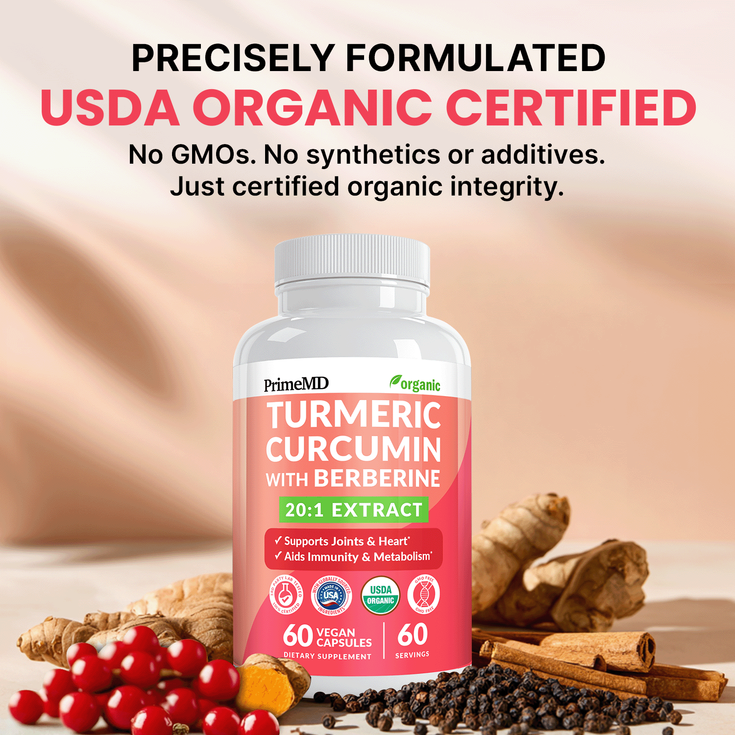 5-in-1 Organic Turmeric Curcumin Supplement (4210mg) with Berberine, Ceylon Cinnamon Bioperine and Ginger Supplements for Joint, Heart, Gut, & Metabolic Support