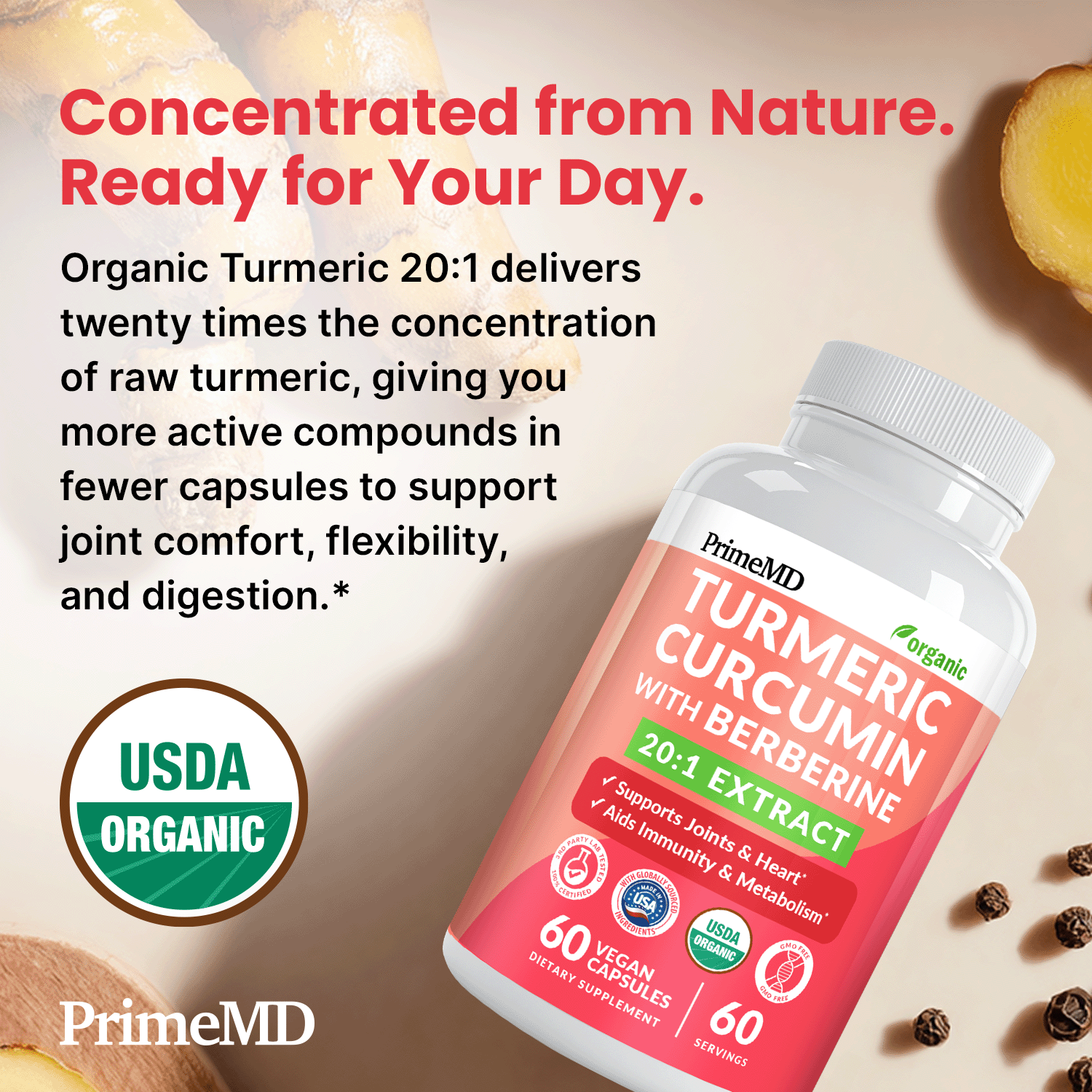 5-in-1 Organic Turmeric Curcumin Supplement (4210mg) with Berberine, Ceylon Cinnamon Bioperine and Ginger Supplements for Joint, Heart, Gut, & Metabolic Support