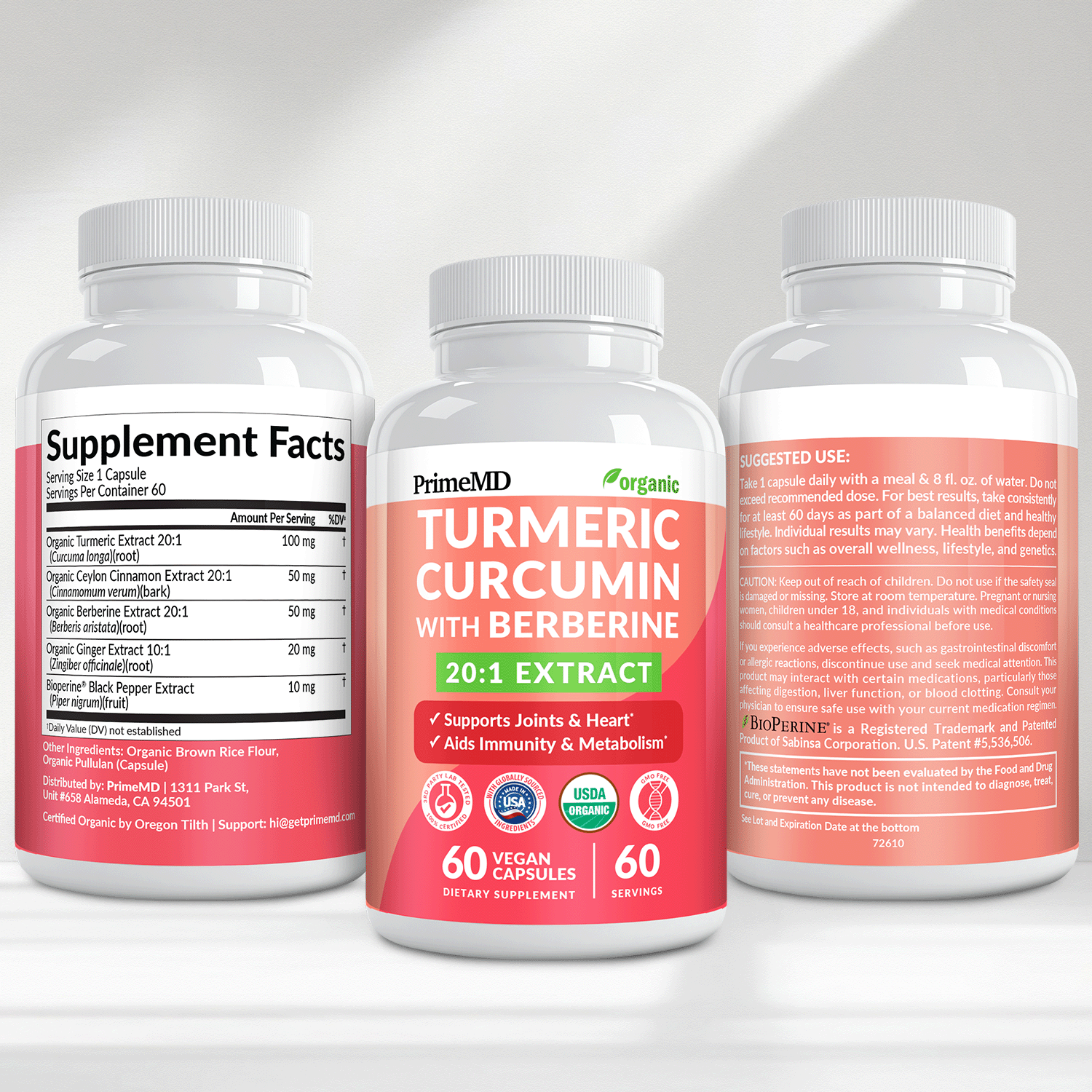 5-in-1 Organic Turmeric Curcumin Supplement (4210mg) with Berberine, Ceylon Cinnamon Bioperine and Ginger Supplements for Joint, Heart, Gut, & Metabolic Support