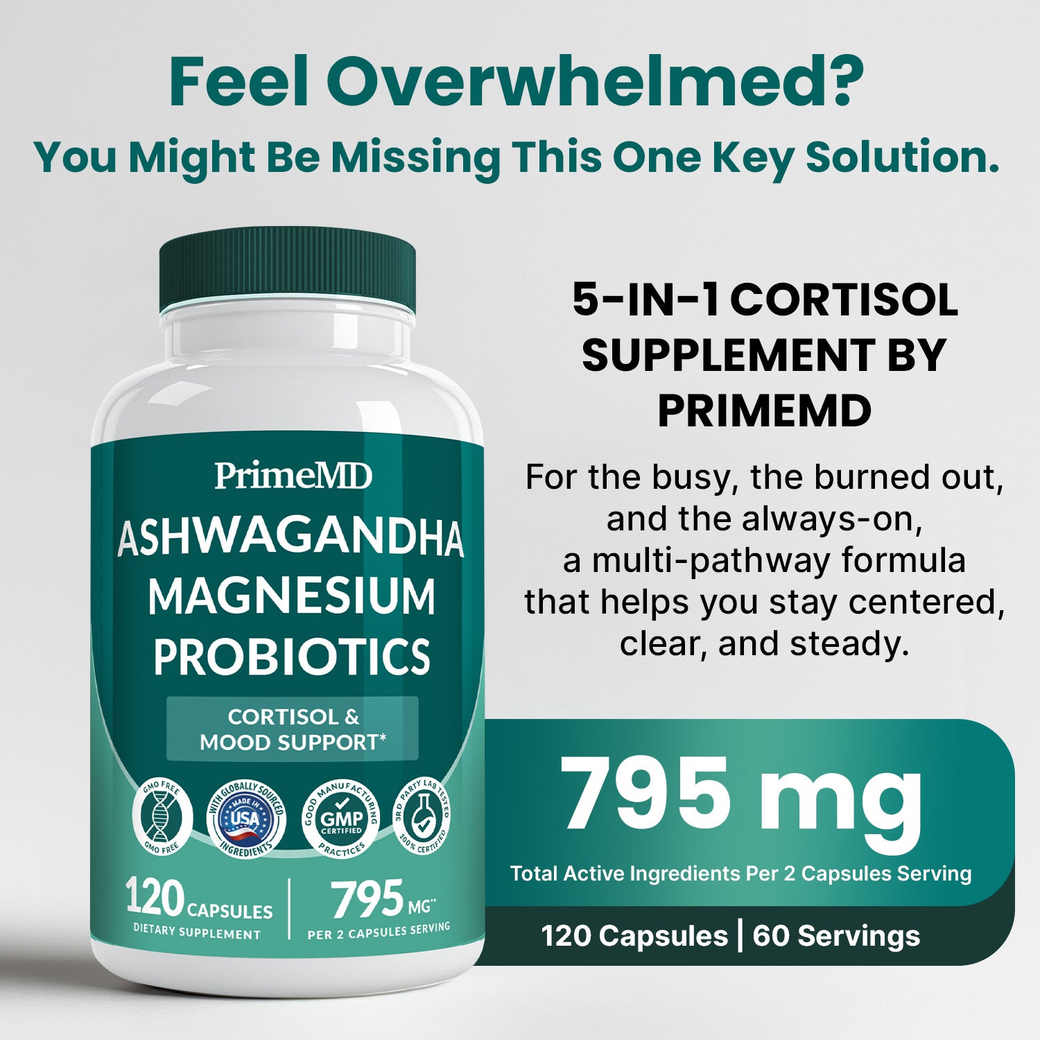5-in-1 Cortisol Supplement for Women and Men with Ashwagandha for Calmness, Focus, and Adrenal Support Supplements with Shilajit Extract, Magnesium Glycinate, Probiotics - PrimeMD