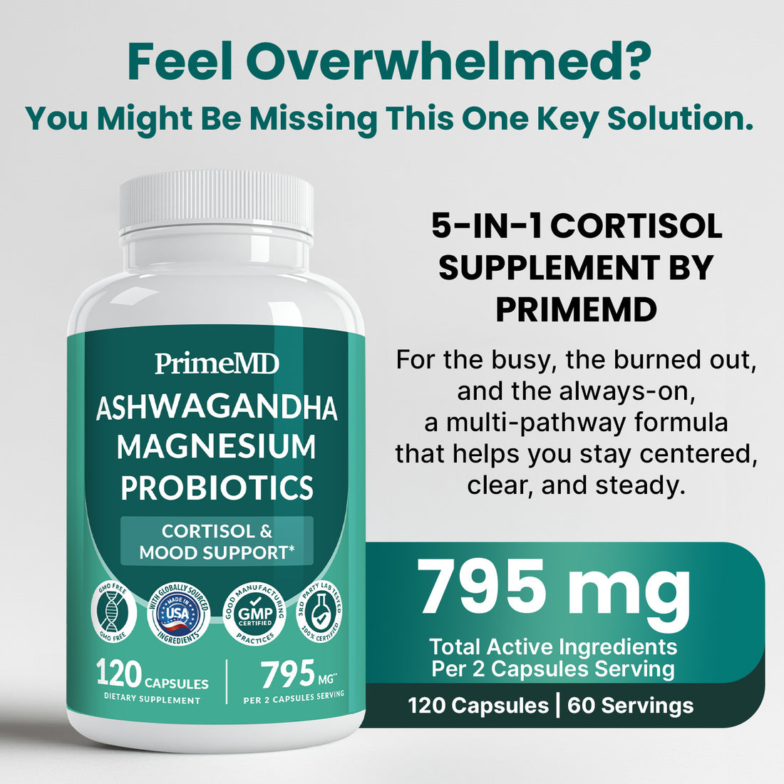5-in-1 Cortisol Supplement for Women and Men with Ashwagandha for Calmness, Focus, and Adrenal Support Supplements with Shilajit Extract, Magnesium Glycinate, Probiotics - PrimeMD