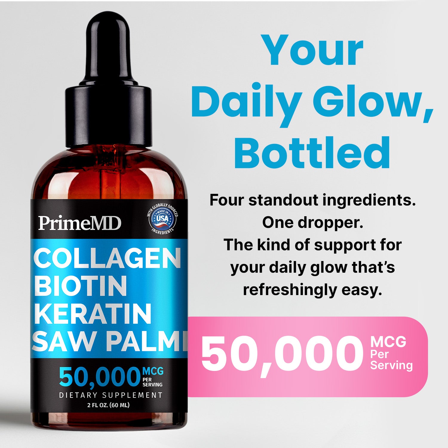 Liquid Collagen Peptides for Women - Serum Complex with Biotin Vitamin, Hydrolyzed Keratin Protein and Saw Palmetto - Comprehensive Formula for Hair, Skin, and Nails Wellness - 2fl oz - PrimeMD
