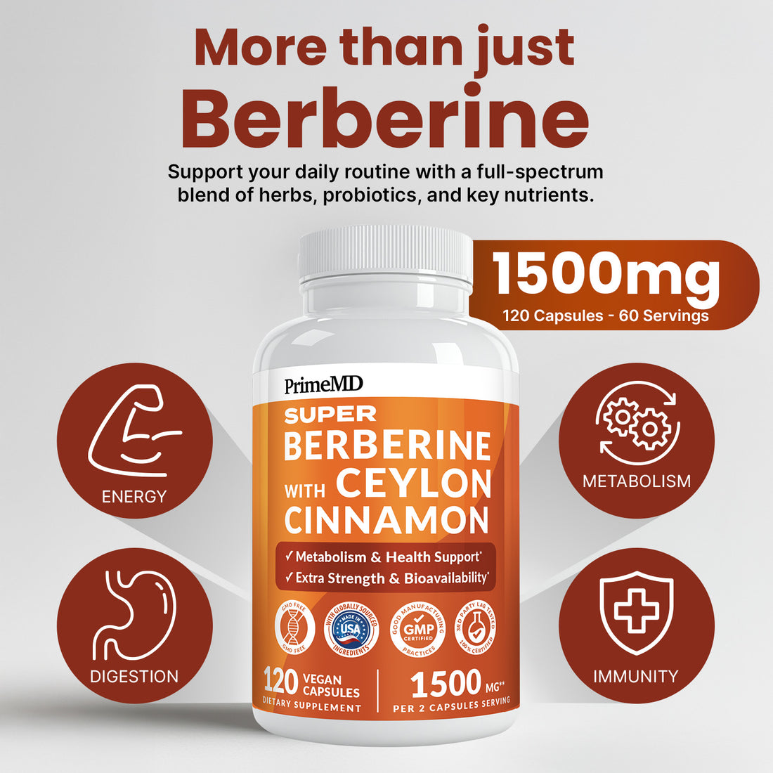 Super Berberine Supplement with Ceylon Cinnamon, BioPerine, Apple Cider, and Turmeric 1500mg - 8-in-1 Dihydroberberine Supplement for Overall Wellness and Balance Support - PrimeMD