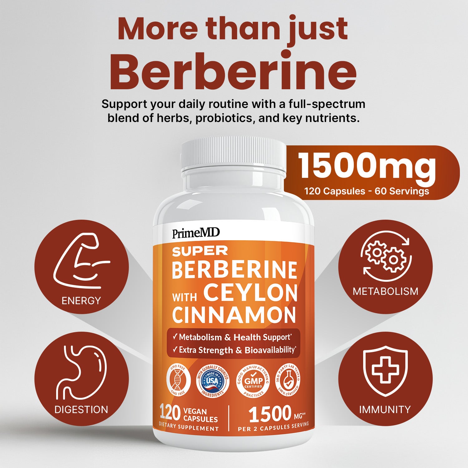 Super Berberine Supplement with Ceylon Cinnamon, BioPerine, Apple Cider, and Turmeric 1500mg - 8-in-1 Dihydroberberine Supplement for Overall Wellness and Balance Support - PrimeMD