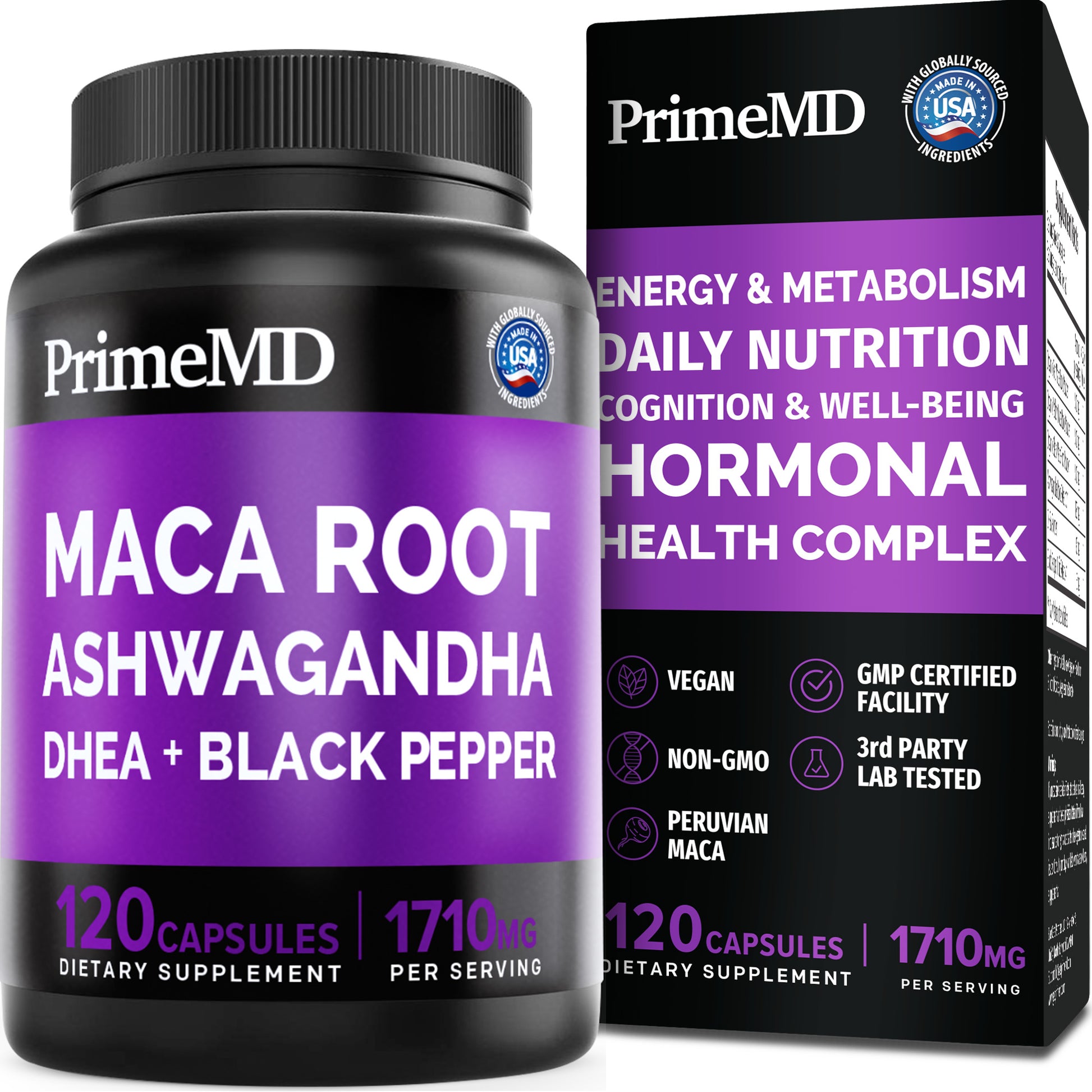 6-in-1 Organic Maca Root Ashwagandha Capsules 1710mg with DHEA and Black Pepper Fruit Extract for Women and Men - Black Maca Supplement for Stamina, Bone and Mood Support Supplement - PrimeMD