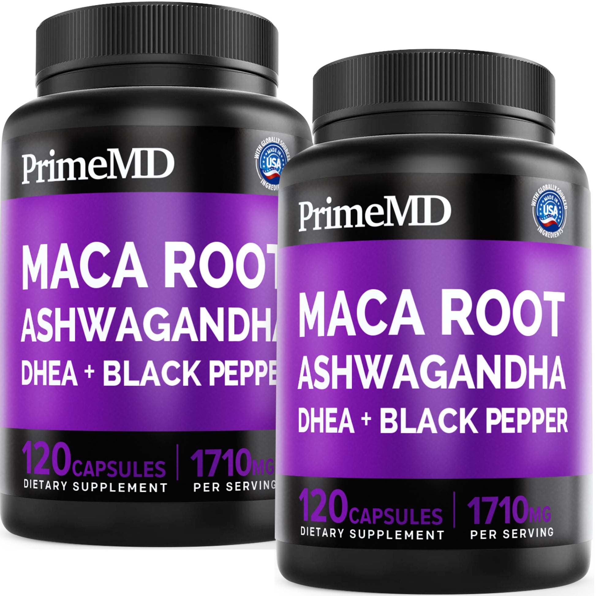 6-in-1 Organic Maca Root Ashwagandha Capsules 1710mg with DHEA and Black Pepper Fruit Extract for Women and Men - Black Maca Supplement for Stamina, Bone and Mood Support Supplement - PrimeMD