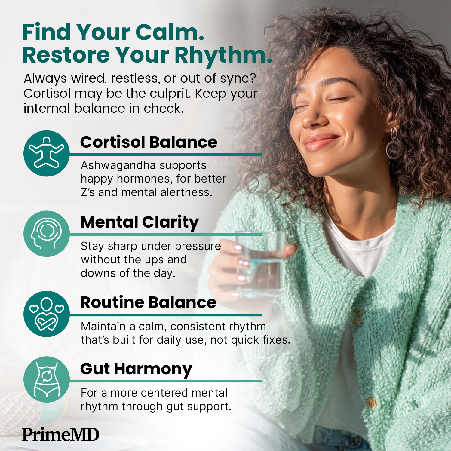 5-in-1 Cortisol Supplement for Women and Men with Ashwagandha for Calmness, Focus, and Adrenal Support Supplements with Shilajit Extract, Magnesium Glycinate, Probiotics - PrimeMD