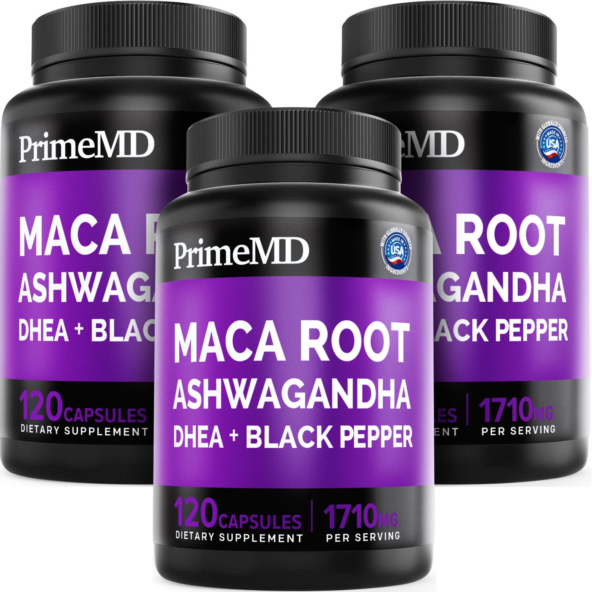 6-in-1 Organic Maca Root Ashwagandha Capsules 1710mg with DHEA and Black Pepper Fruit Extract for Women and Men - Black Maca Supplement for Stamina, Bone and Mood Support Supplement - PrimeMD