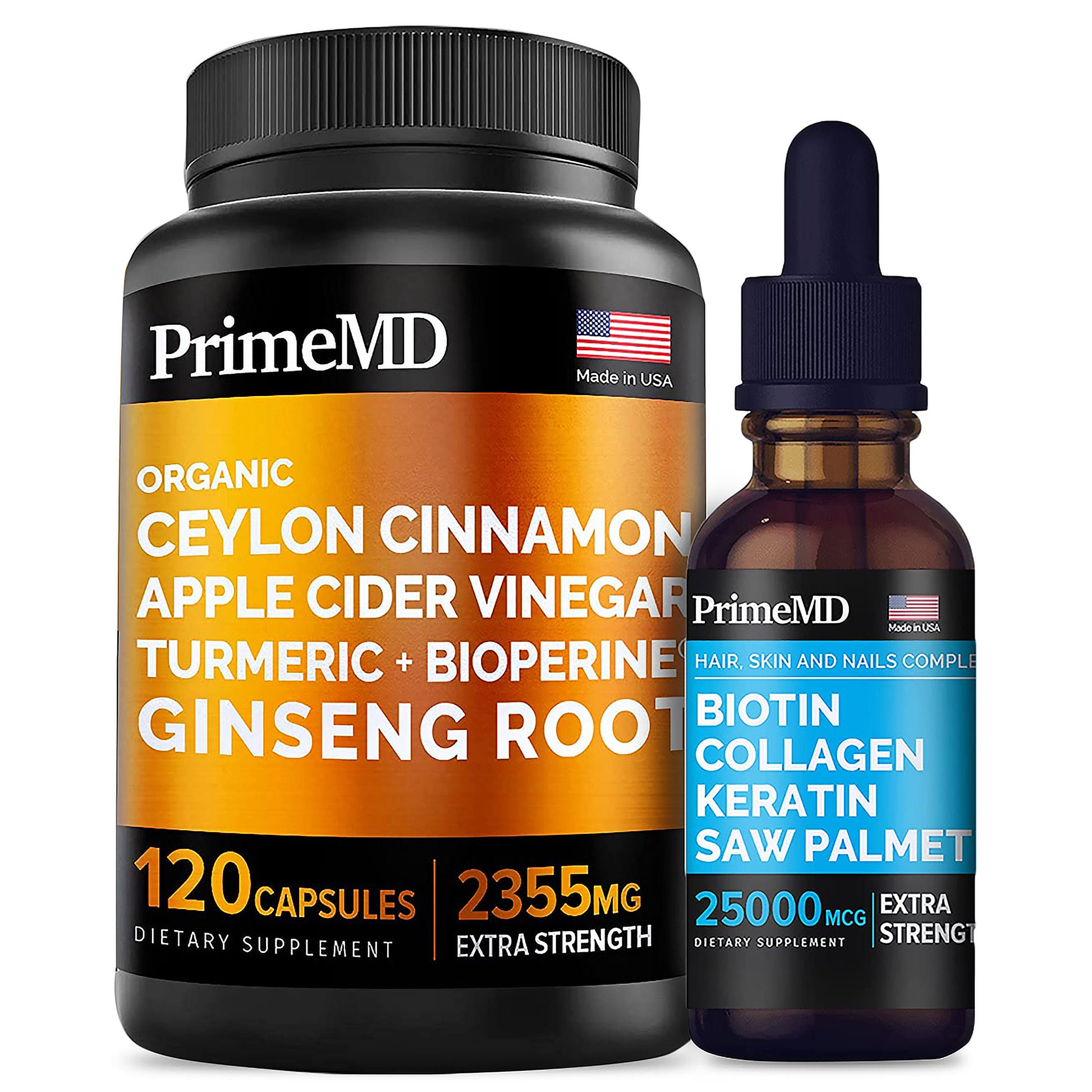 4-in-1 Liquid Biotin Collagen Keratin Saw Palmetto Drops (2 fl oz - 1 Pack) & 5-in-1 Ceylon Cinnamon w Turmeric & Ginseng Root (120ct) Bundle - Hair, Skin, Nails, & Immune Support Supplement - PrimeMD