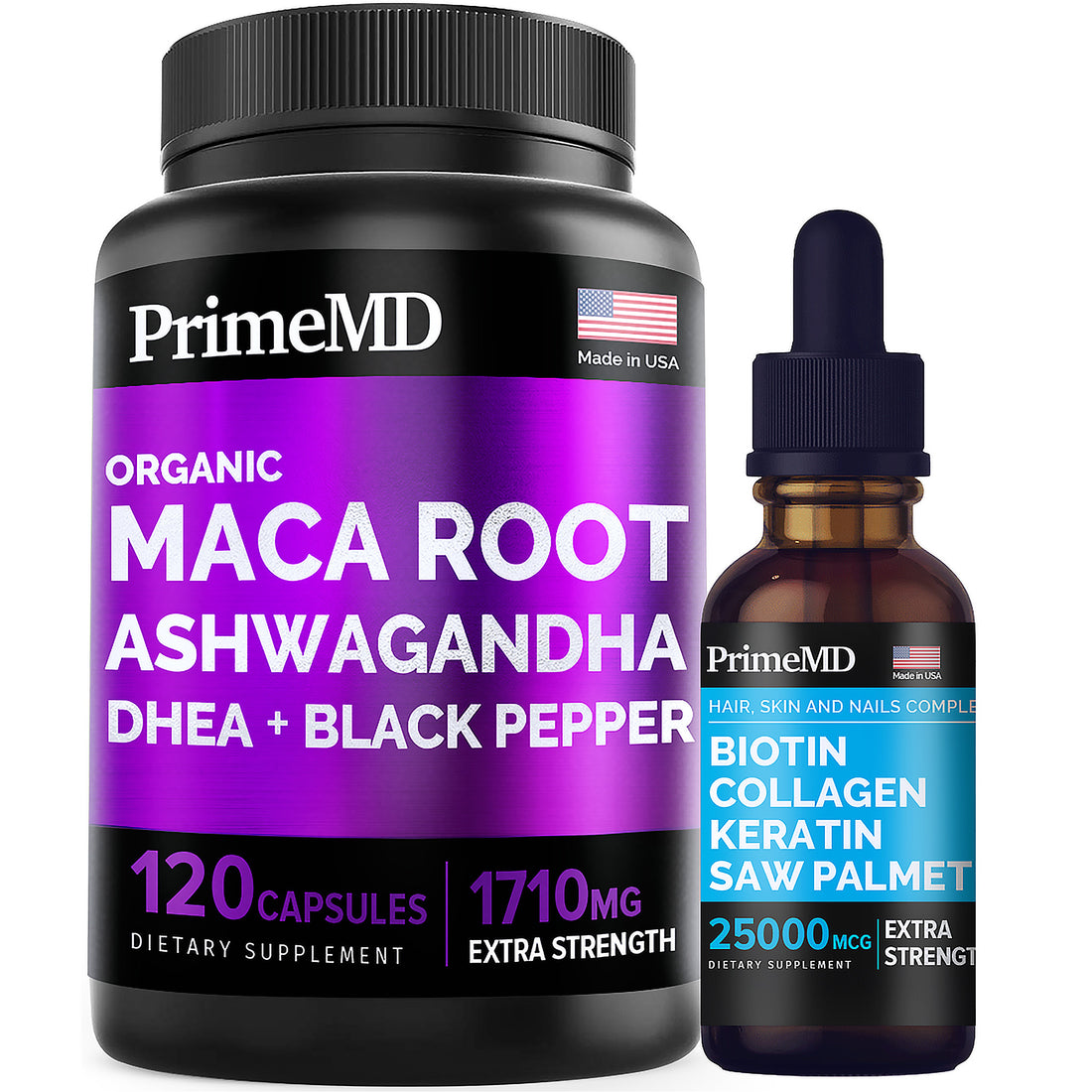 4-in-1 Liquid Biotin Collagen Keratin Saw Palmetto Drops (2 fl oz - 1 Pack) & 6-in-1 Maca Root Ashwagandha w Black Pepper Fruit (120ct) Bundle - Hair, Skin, Nails, Energy & Mood Support Supplement - PrimeMD