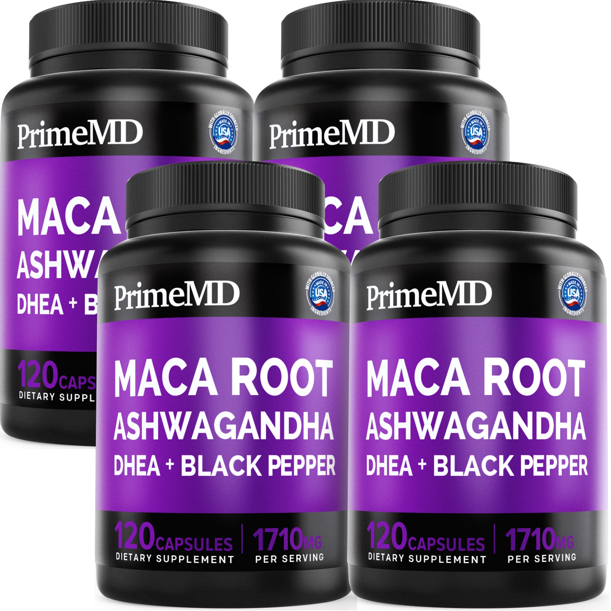 6-in-1 Organic Maca Root Ashwagandha Capsules 1710mg with DHEA and Black Pepper Fruit Extract for Women and Men - Black Maca Supplement for Stamina, Bone and Mood Support Supplement - PrimeMD