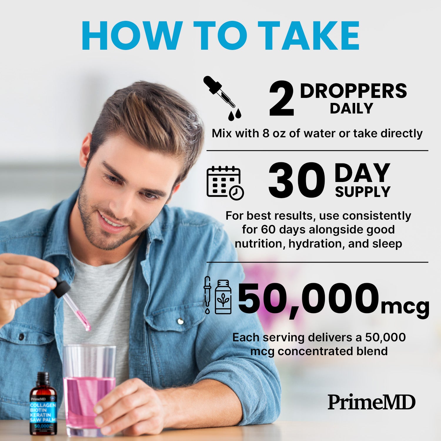 Liquid Collagen Peptides for Women - Serum Complex with Biotin Vitamin, Hydrolyzed Keratin Protein and Saw Palmetto - Comprehensive Formula for Hair, Skin, and Nails Wellness - 2fl oz - PrimeMD