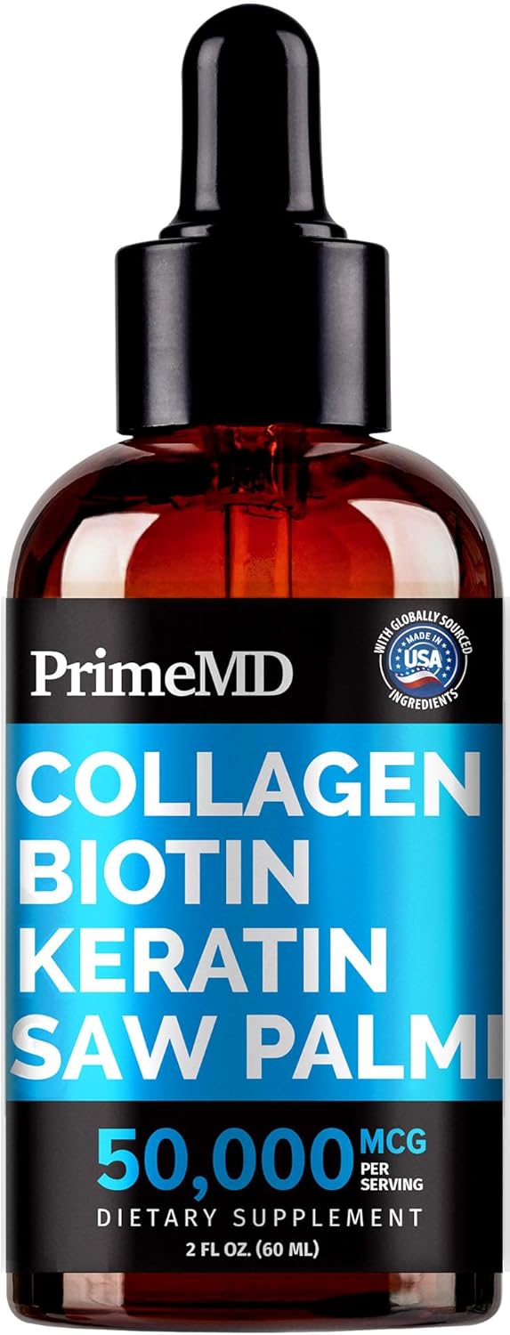 Liquid Collagen Peptides for Women - Serum Complex with Biotin Vitamin, Hydrolyzed Keratin Protein and Saw Palmetto - Comprehensive Formula for Hair, Skin, and Nails Wellness - 2fl oz - PrimeMD