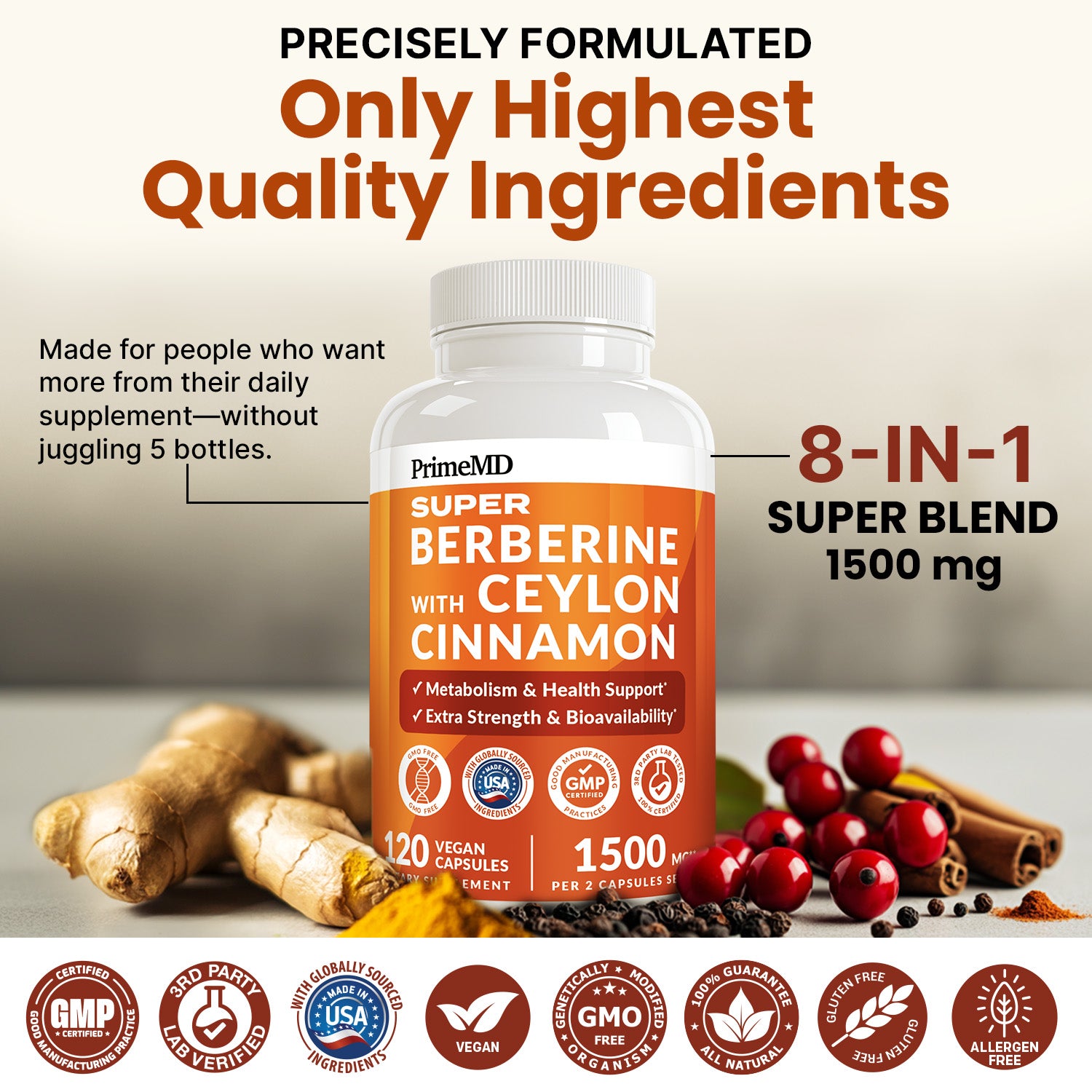 Super Berberine Supplement with Ceylon Cinnamon, BioPerine, Apple Cider, and Turmeric 1500mg - 8-in-1 Dihydroberberine Supplement for Overall Wellness and Balance Support - PrimeMD