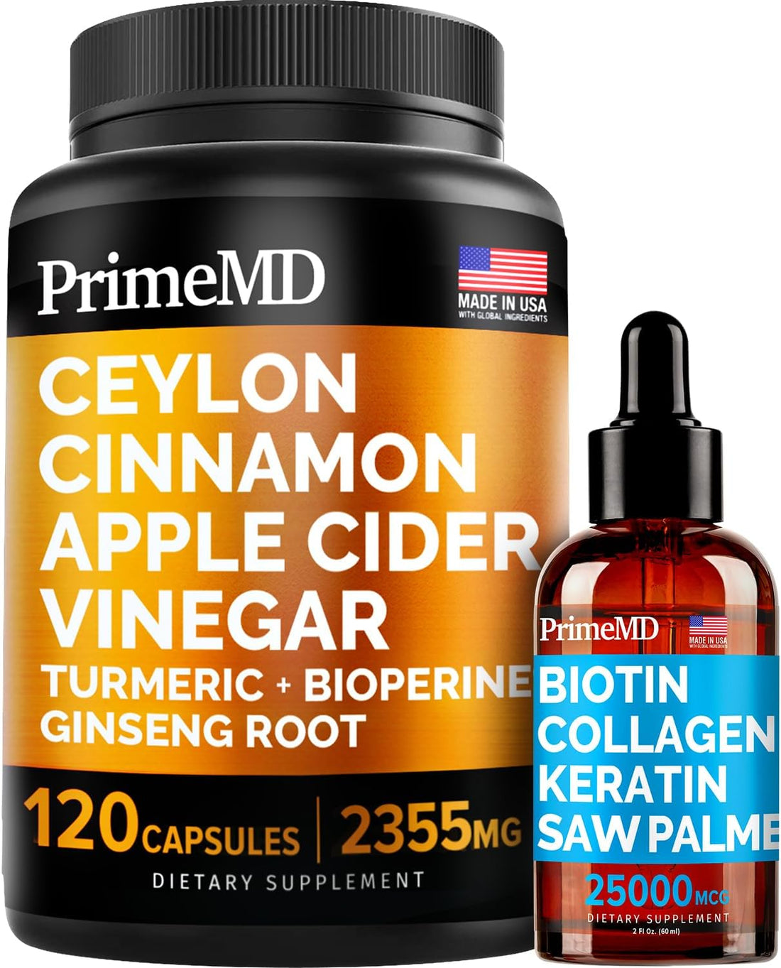 4-in-1 Liquid Biotin Collagen Keratin Saw Palmetto Drops (2 fl oz - 1 Pack) & 5-in-1 Ceylon Cinnamon w Turmeric & Ginseng Root (120ct) Bundle - Hair, Skin, Nails, & Immune Support Supplement - PrimeMD