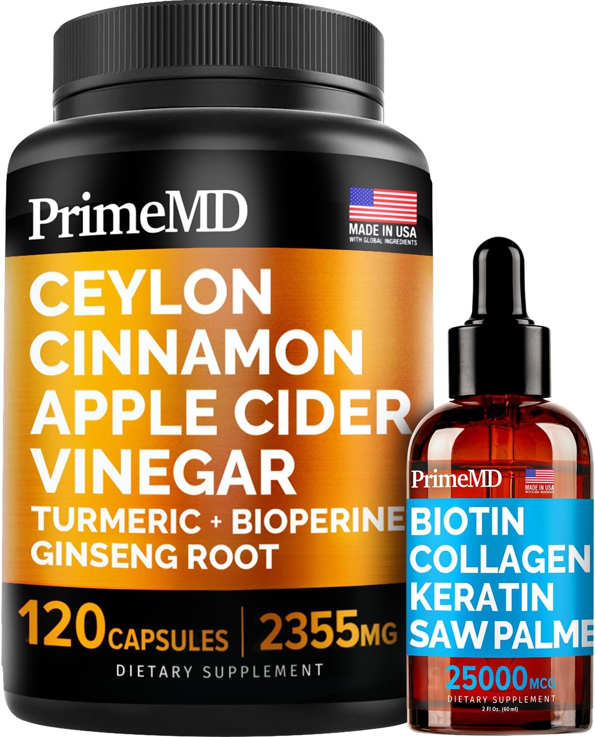 4-in-1 Liquid Biotin Collagen Keratin Saw Palmetto Drops (2 fl oz - 1 Pack) & 5-in-1 Ceylon Cinnamon w Turmeric & Ginseng Root (120ct) Bundle - Hair, Skin, Nails, & Immune Support Supplement - PrimeMD