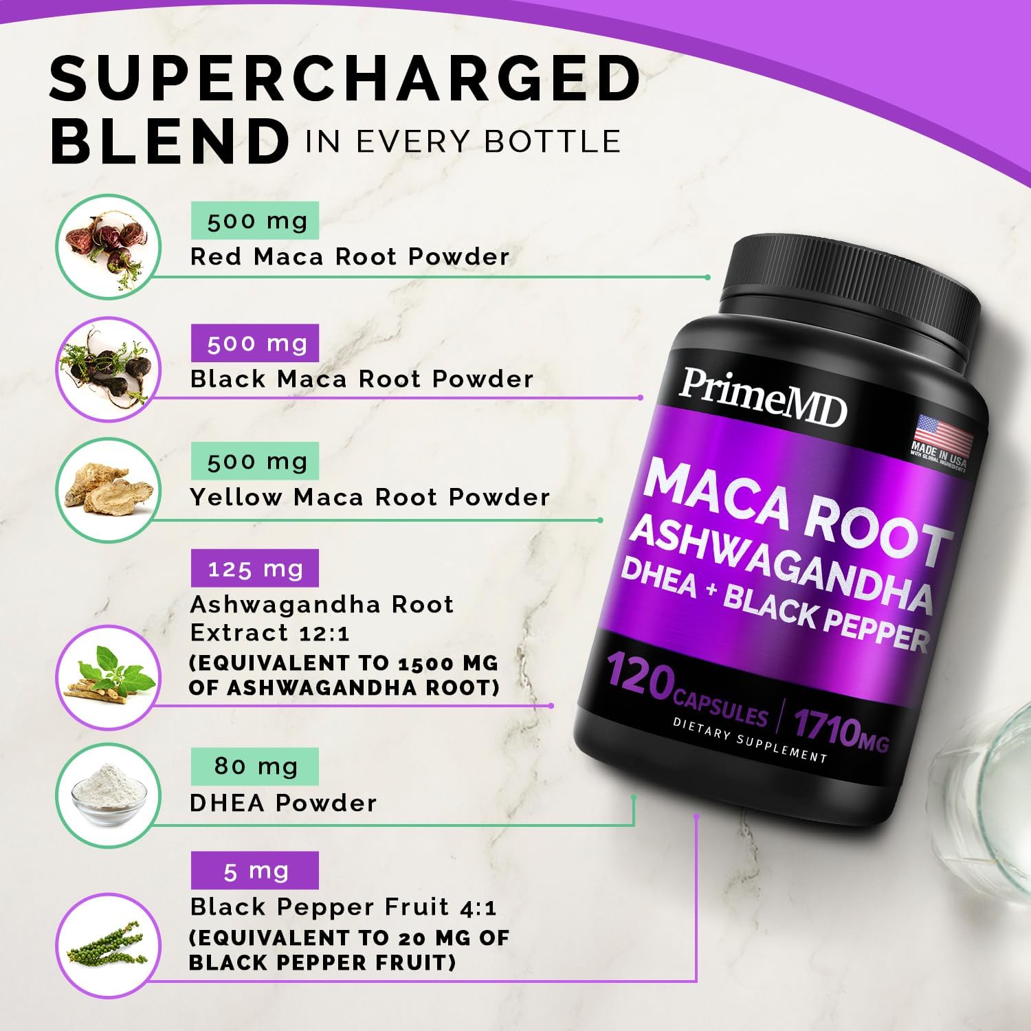 4-in-1 Liquid Biotin Collagen Keratin Saw Palmetto Drops (2 fl oz - 2 Pack) & 6-in-1 Maca Root Ashwagandha w Black Pepper Fruit (120ct) Bundle - Hair, Skin, Nails, Energy & Mood Support Supplement - PrimeMD