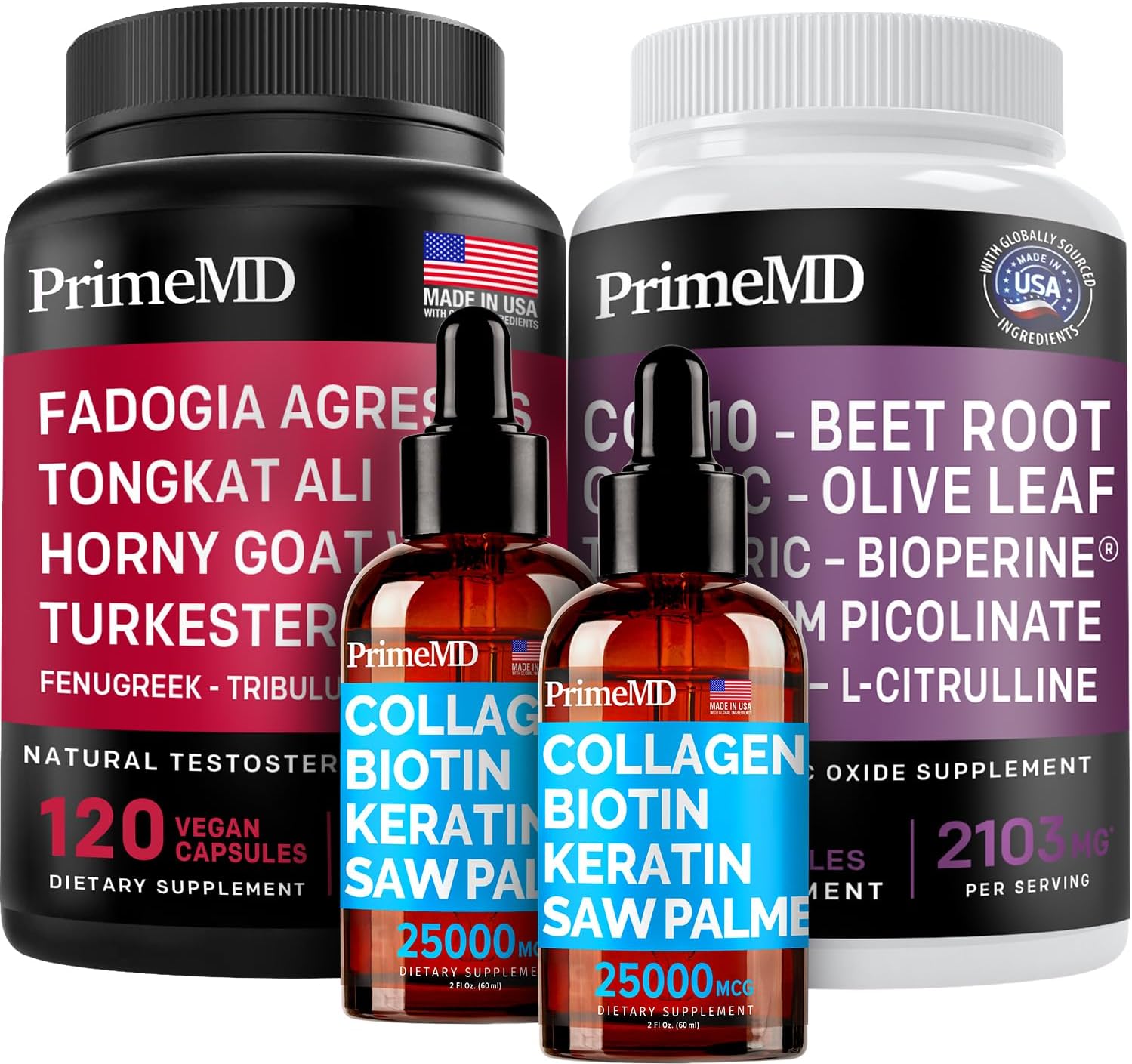 Liquid Collagen Biotin (2pk), Fadogia Tongkat Ali (1pk), and Nitric Oxide (1pk) Supplement Bundle - Potent Vitamins for Hair, Skin, Nails, Heart, Energy, & Testosterone Support - Non-GMO, Vegan - PrimeMD
