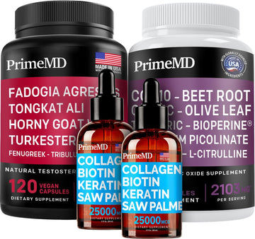 Liquid Collagen Biotin (2pk), Fadogia Tongkat Ali (1pk), and Nitric Oxide (1pk) Supplement Bundle - Potent Vitamins for Hair, Skin, Nails, Heart, Energy, & Testosterone Support - Non-GMO, Vegan - PrimeMD