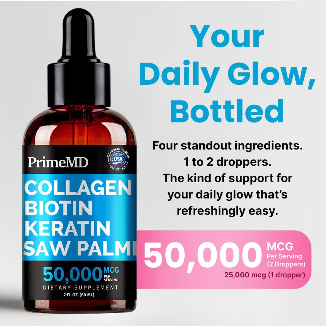 Liquid Collagen Peptides for Women - Serum Complex with Biotin Vitamin, Hydrolyzed Keratin Protein and Saw Palmetto - Comprehensive Formula for Hair, Skin, and Nails Wellness - 2fl oz - PrimeMD