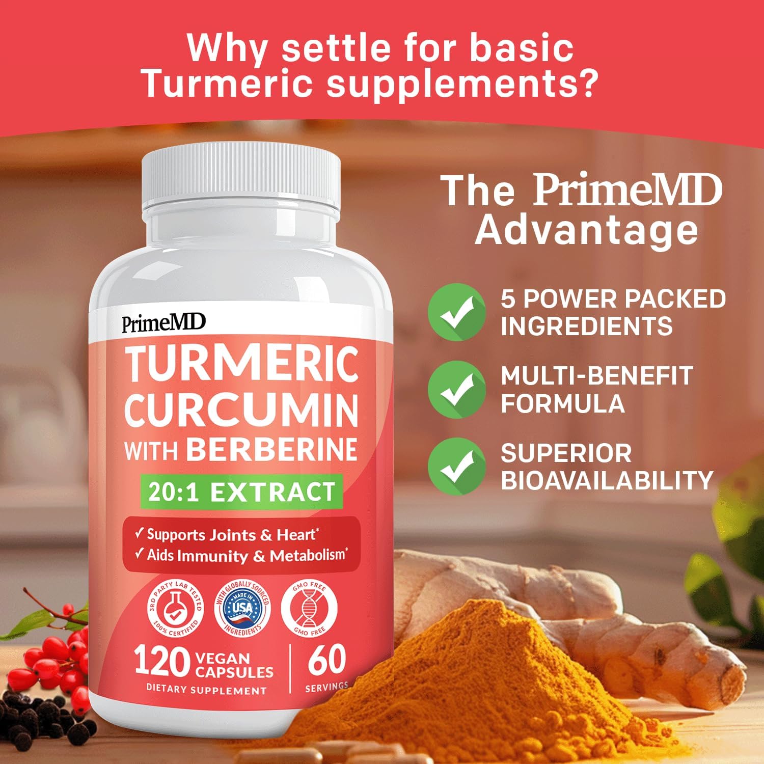 5-in-1 Organic Turmeric Curcumin Supplement (4210mg) with Berberine, Ceylon Cinnamon Bioperine and Ginger Supplements for Joint, Heart, Gut, & Metabolic Support - PrimeMD