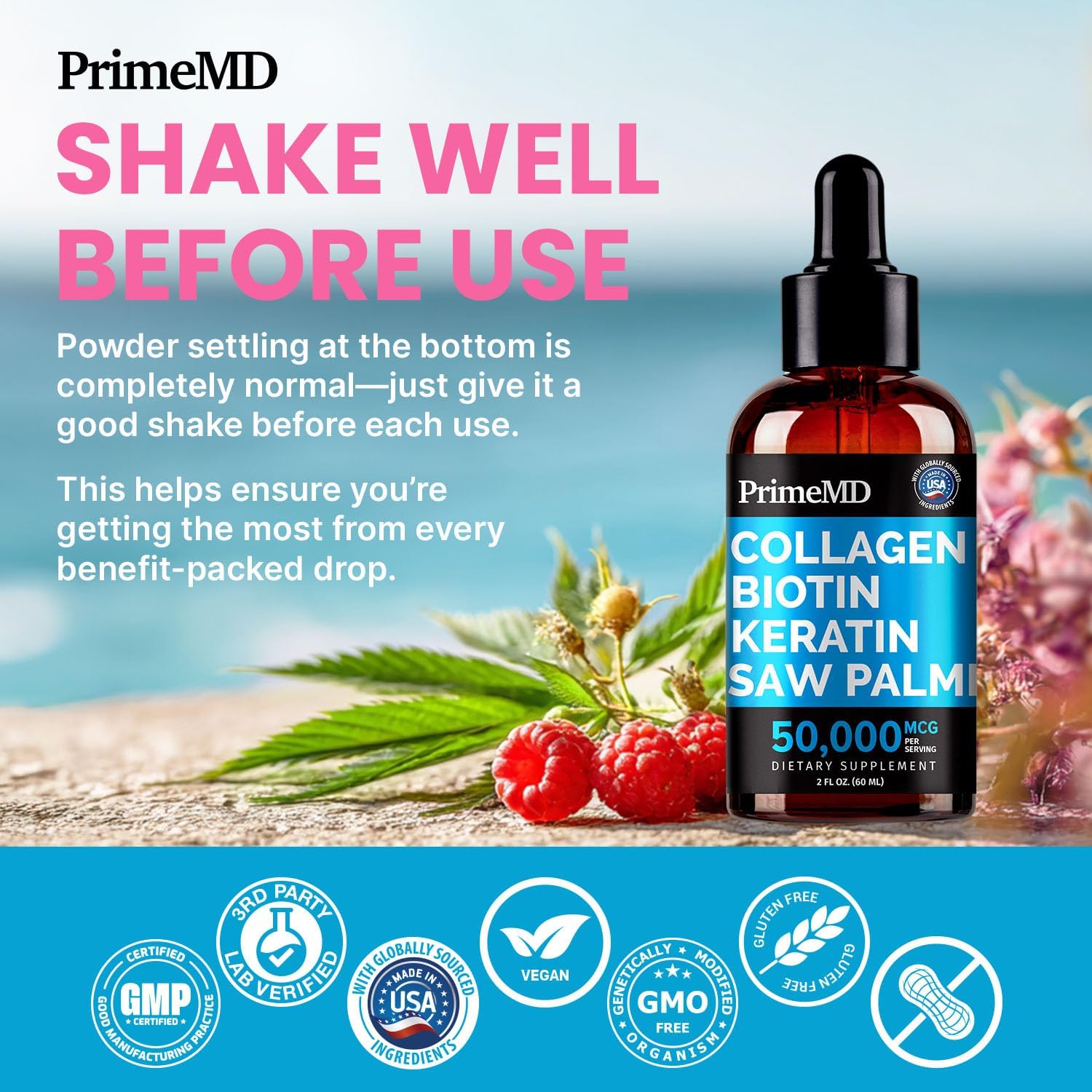 Liquid Collagen Peptides for Women - Serum Complex with Biotin Vitamin, Hydrolyzed Keratin Protein and Saw Palmetto - Comprehensive Formula for Hair, Skin, and Nails Wellness - 2fl oz - PrimeMD