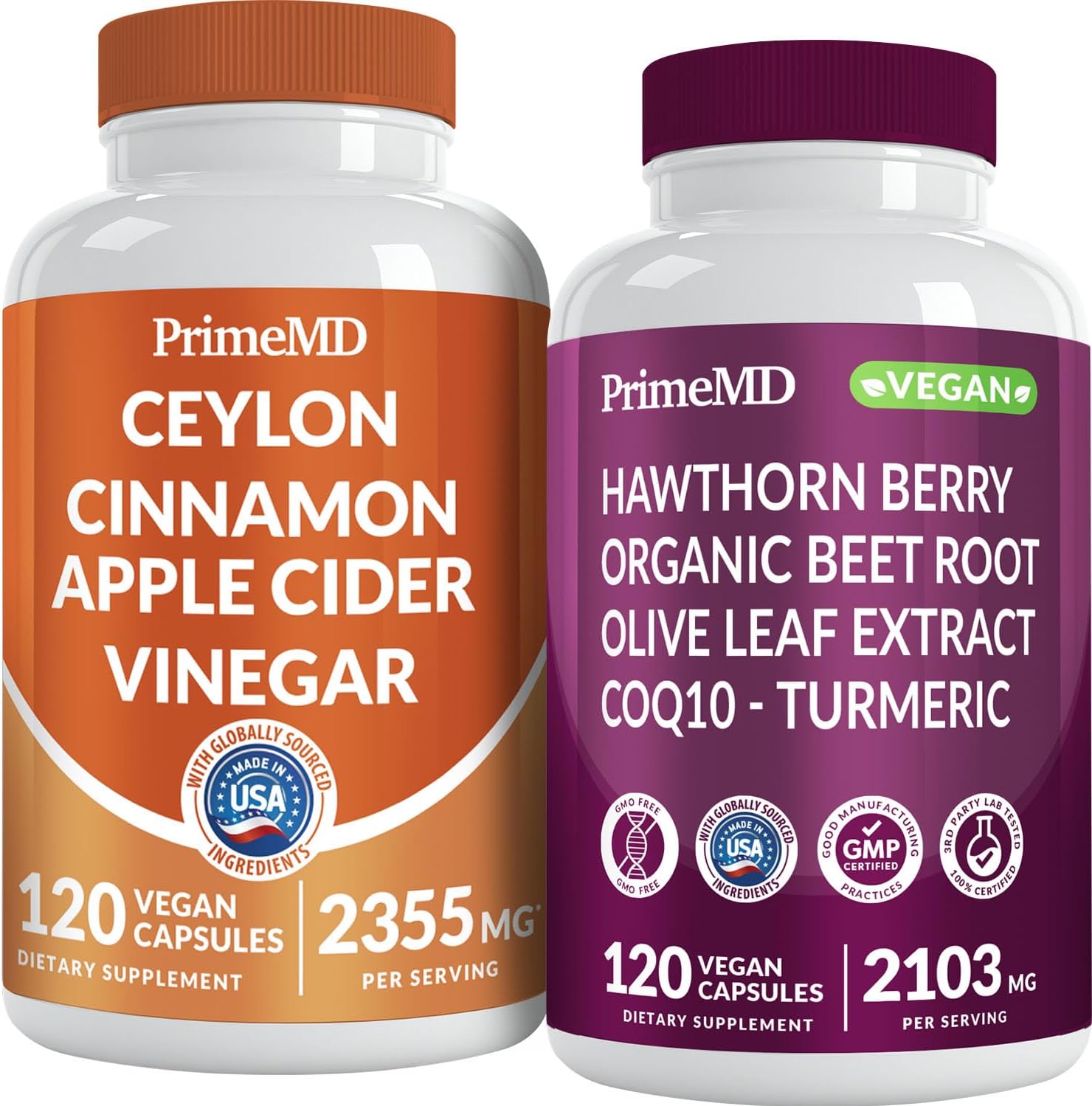 Ceylon Cinnamon (1pk) and Nitric Oxide (1pk) Supplement Bundle - Potent Vitamins for Heart, Metabolism, Balance, Circulatory, Lipid, and Immune Support - Non-GMO, Vegan, Gluten-Free - PrimeMD