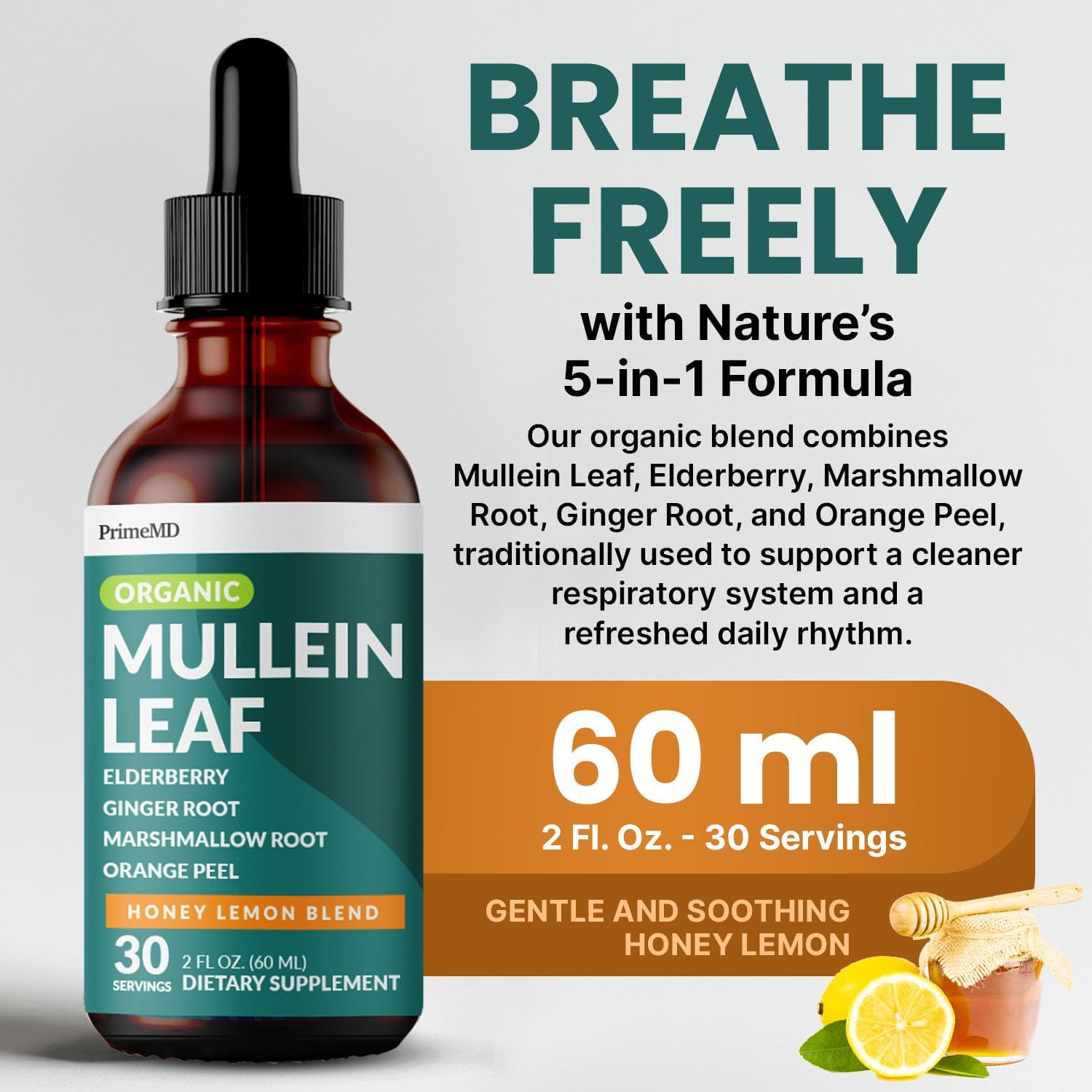 5-in-1 Mullein Drops for Bronchial and Respiratory Support- Honey Lemon - PrimeMD