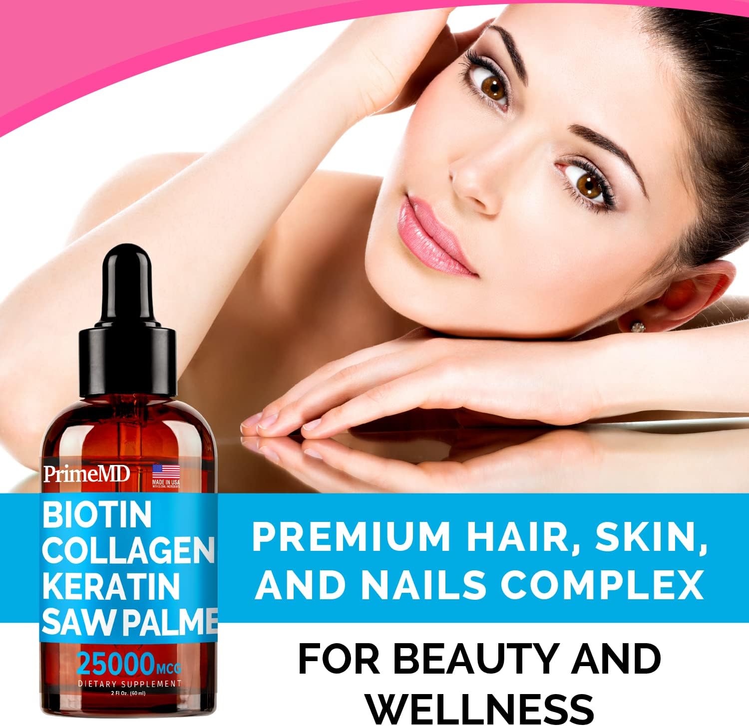 4-in-1 Liquid Biotin Collagen Keratin Saw Palmetto Drops (2 fl oz - 1 Pack) & 6-in-1 Maca Root Ashwagandha w Black Pepper Fruit (120ct) Bundle - Hair, Skin, Nails, Energy & Mood Support Supplement - PrimeMD