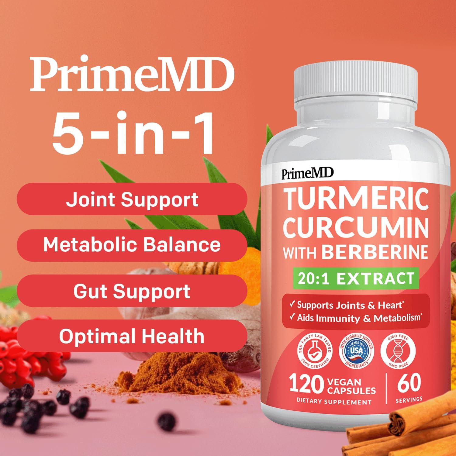 5-in-1 Organic Turmeric Curcumin Supplement (4210mg) with Berberine, Ceylon Cinnamon Bioperine and Ginger Supplements for Joint, Heart, Gut, & Metabolic Support - PrimeMD