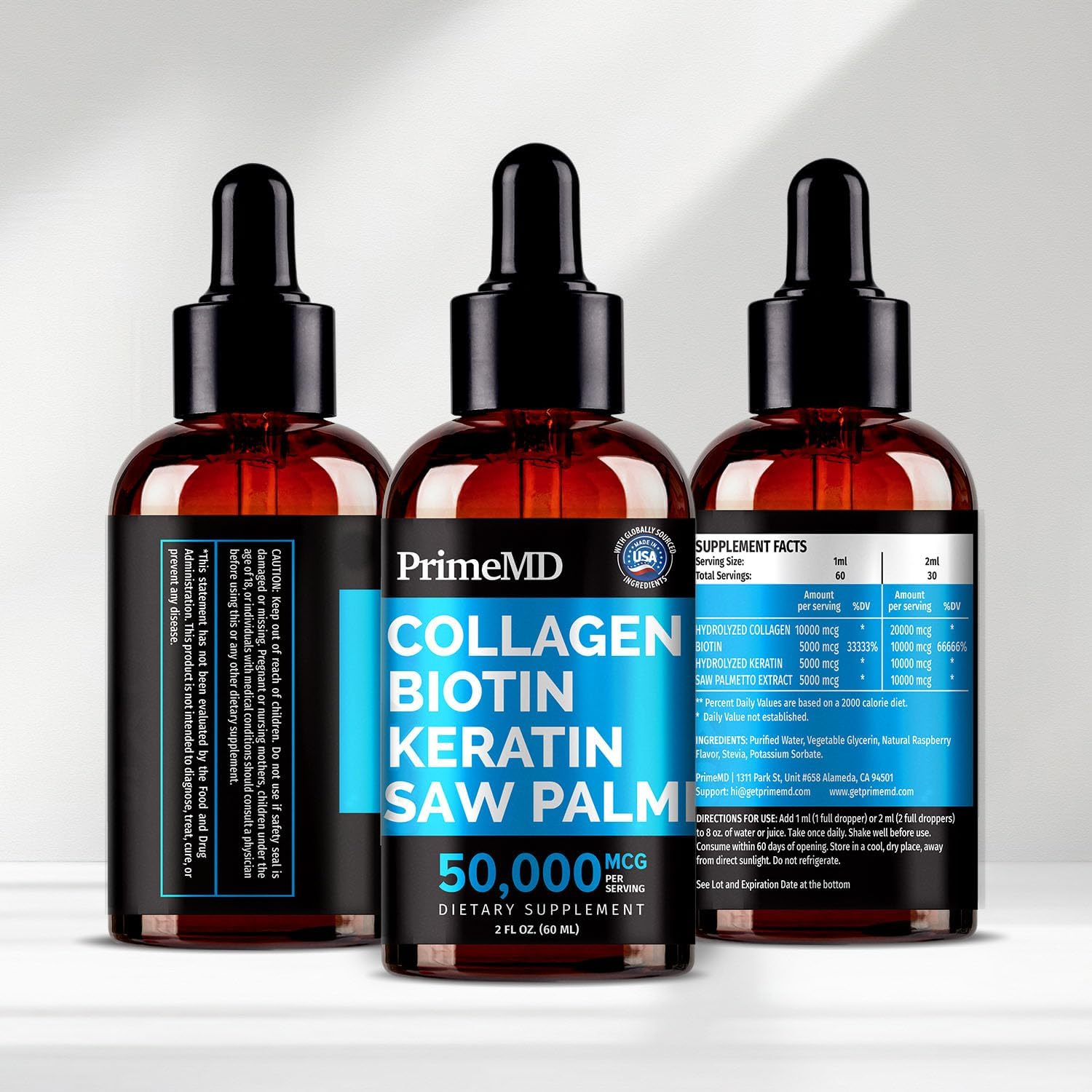 Liquid Collagen Peptides for Women - Serum Complex with Biotin Vitamin, Hydrolyzed Keratin Protein and Saw Palmetto - Comprehensive Formula for Hair, Skin, and Nails Wellness - 2fl oz - PrimeMD