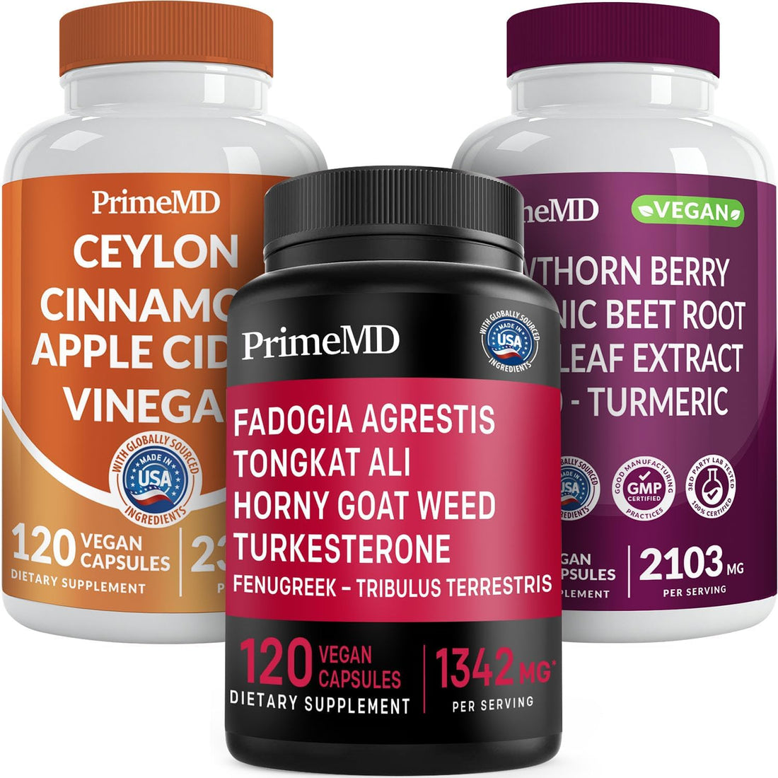 Ceylon Cinnamon (1pk), Fadogia Tongkat Ali (1pk), and Nitric Oxide (1pk) Supplement Bundle - Potent Vitamins for Heart, Energy, Male Well-Being, & Immune Support - Non-GMO, Vegan, Gluten-Free - PrimeMD