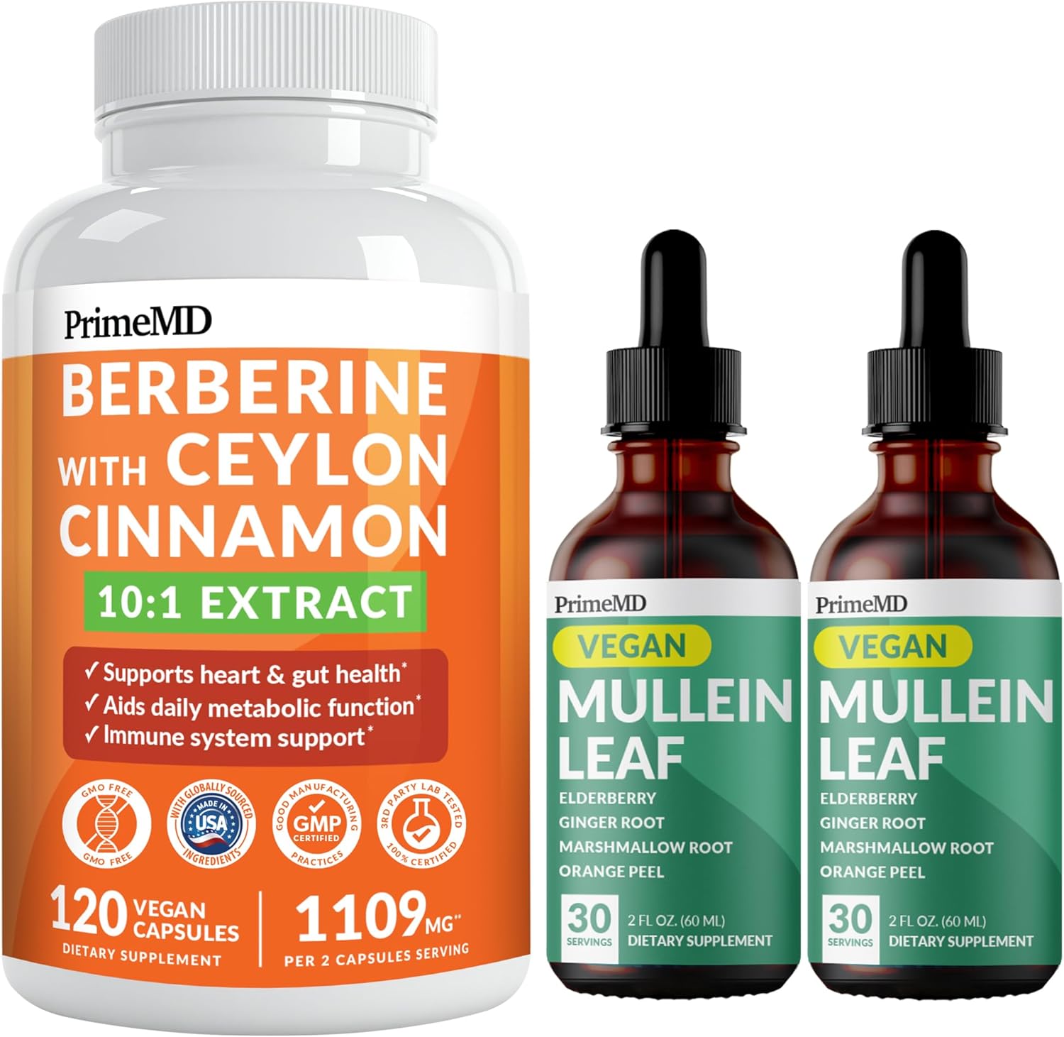 21-in-1 Berberine Supplement with Ceylon Cinnamon Chromium, Bitter Melon and Green Tea Extract (120 ct) & 5-in-1 Mullein Drops for Lungs and Respiratory Lung Health & Bronchial Support (60 Servings)
