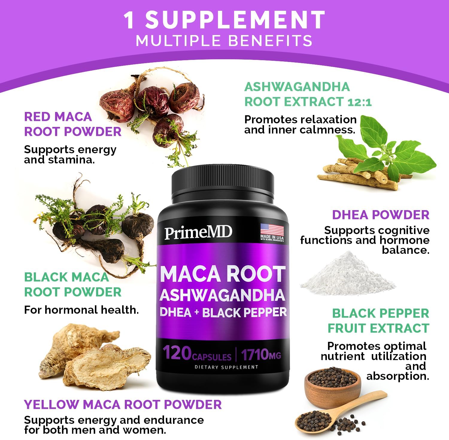 4-in-1 Liquid Biotin Collagen Keratin Saw Palmetto Drops (2 fl oz - 1 Pack) & 6-in-1 Maca Root Ashwagandha w Black Pepper Fruit (120ct) Bundle - Hair, Skin, Nails, Energy & Mood Support Supplement - PrimeMD