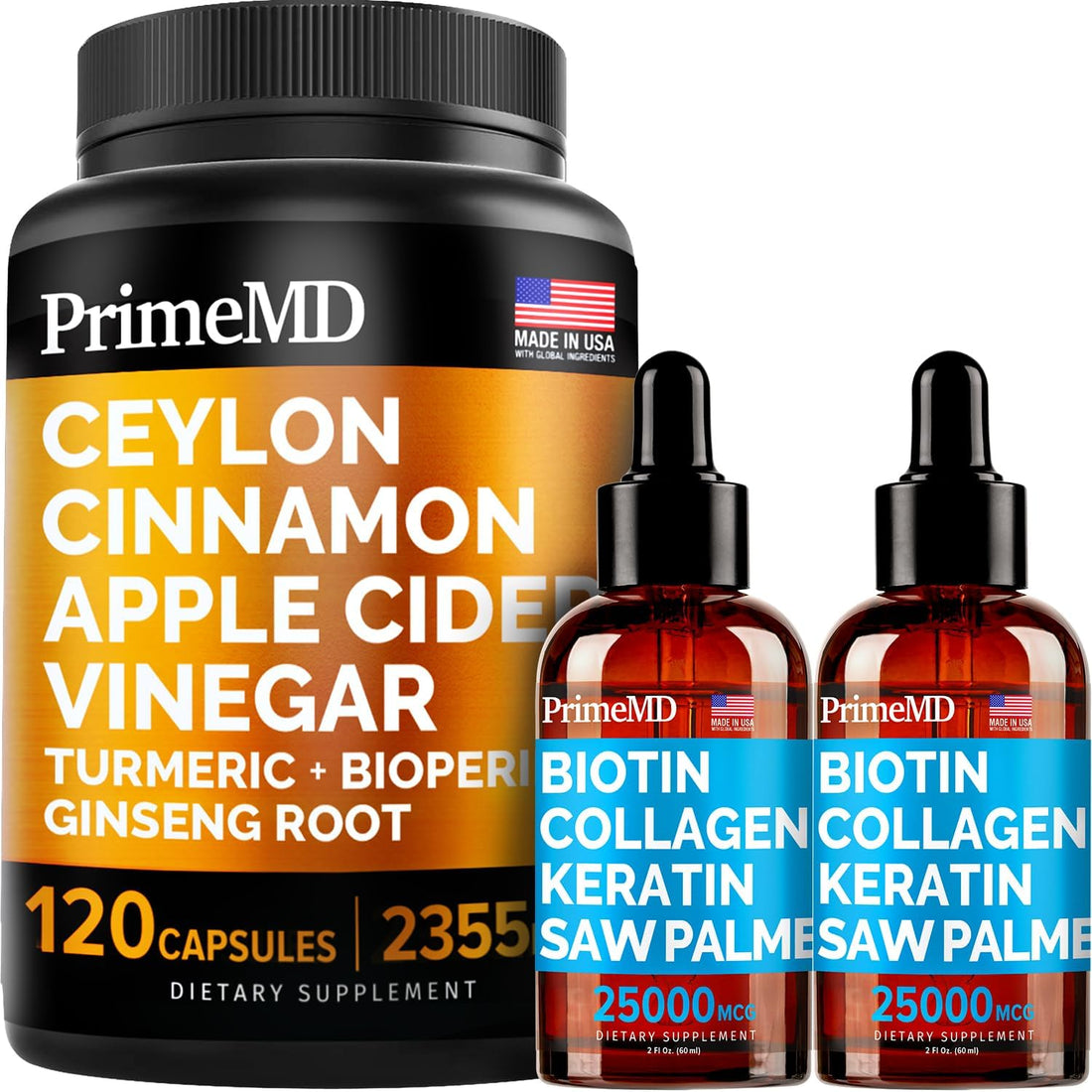 4-in-1 Liquid Biotin Collagen Keratin Saw Palmetto Drops (2 fl oz - 2 Pack) & 5-in-1 Ceylon Cinnamon w Turmeric & Ginseng Root (120ct) Bundle - Hair, Skin, Nails, & Immune Support Supplement - PrimeMD