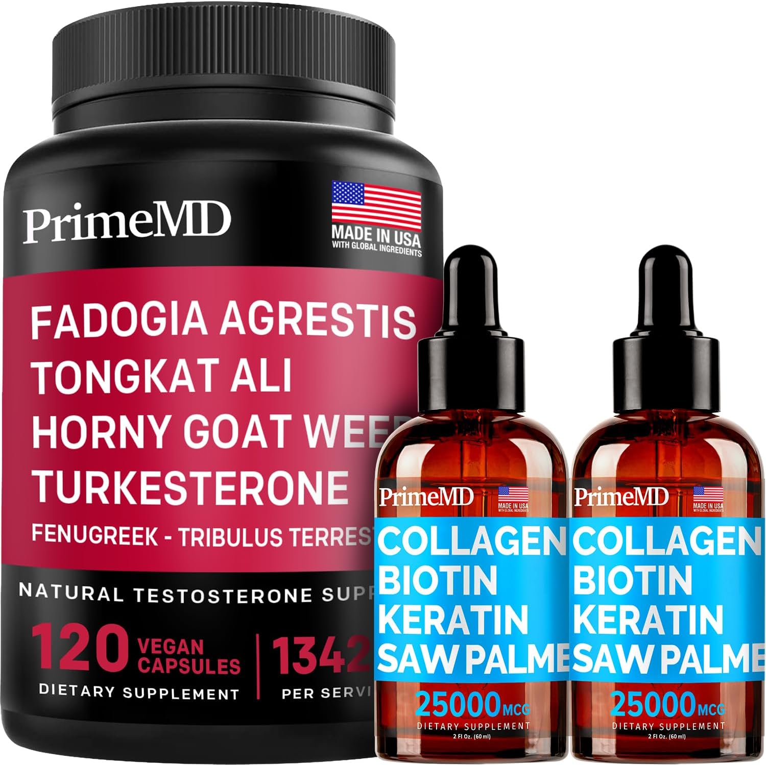 Liquid Collagen Biotin (2pk) and Fadogia Tongkat Ali (1pk) Supplement Bundle - Potent Vitamins for Hair, Skin, Nails, Heart, Energy, & Testosterone Support - Non-GMO, Vegan - PrimeMD