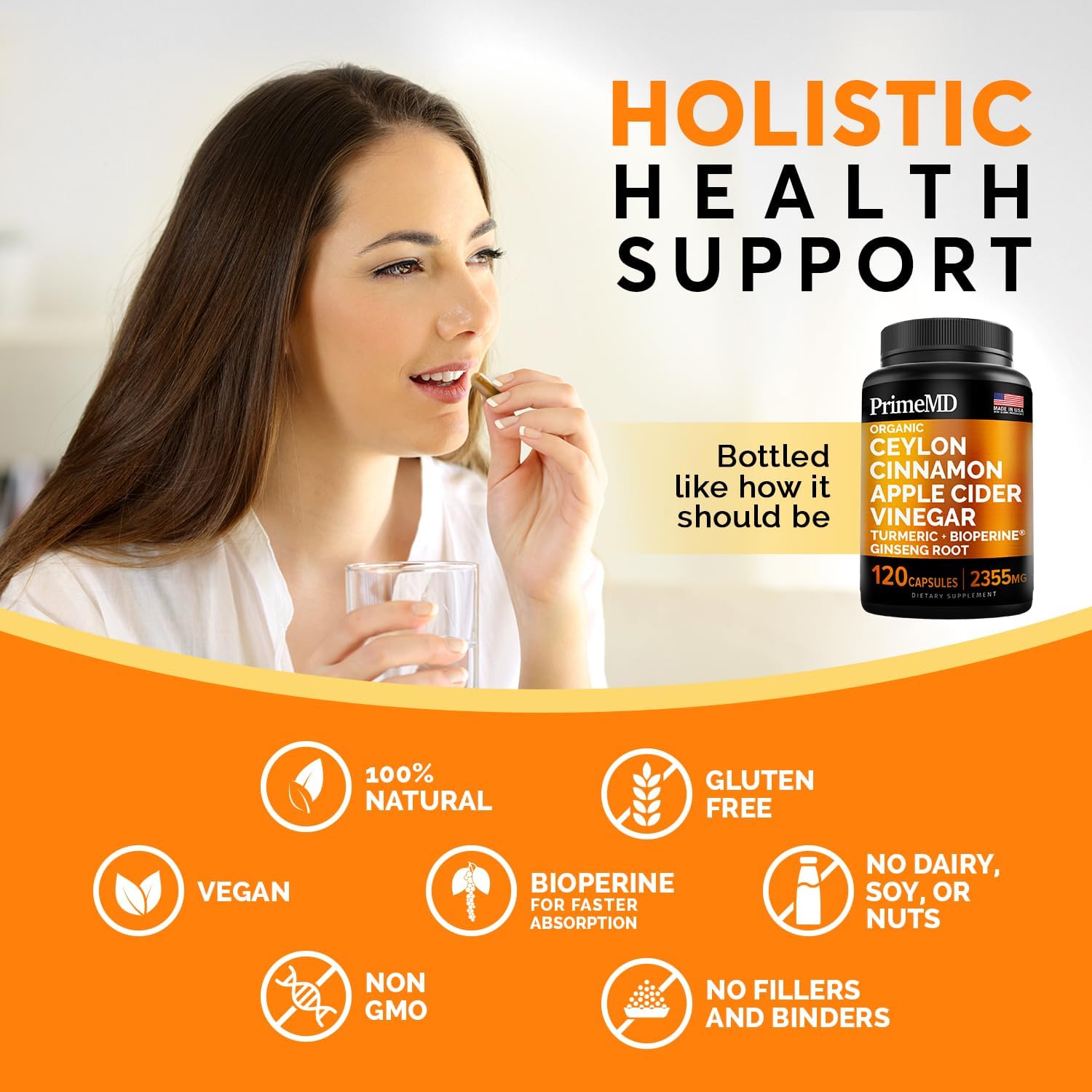 4-in-1 Liquid Biotin Collagen Keratin Saw Palmetto Drops (2 fl oz - 1 Pack) & 5-in-1 Ceylon Cinnamon w Turmeric & Ginseng Root (120ct) Bundle - Hair, Skin, Nails, & Immune Support Supplement - PrimeMD
