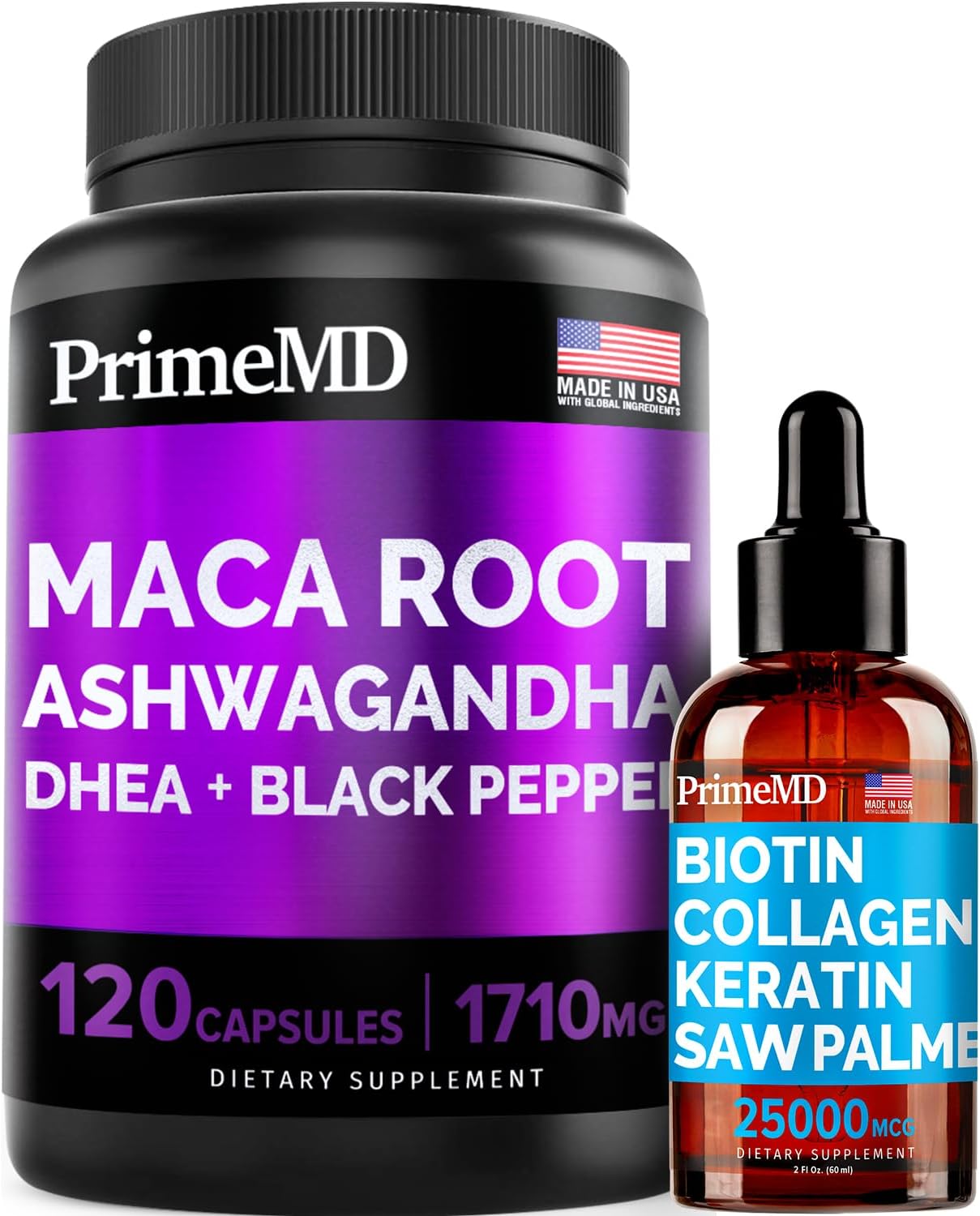 4-in-1 Liquid Biotin Collagen Keratin Saw Palmetto Drops (2 fl oz - 1 Pack) & 6-in-1 Maca Root Ashwagandha w Black Pepper Fruit (120ct) Bundle - Hair, Skin, Nails, Energy & Mood Support Supplement - PrimeMD