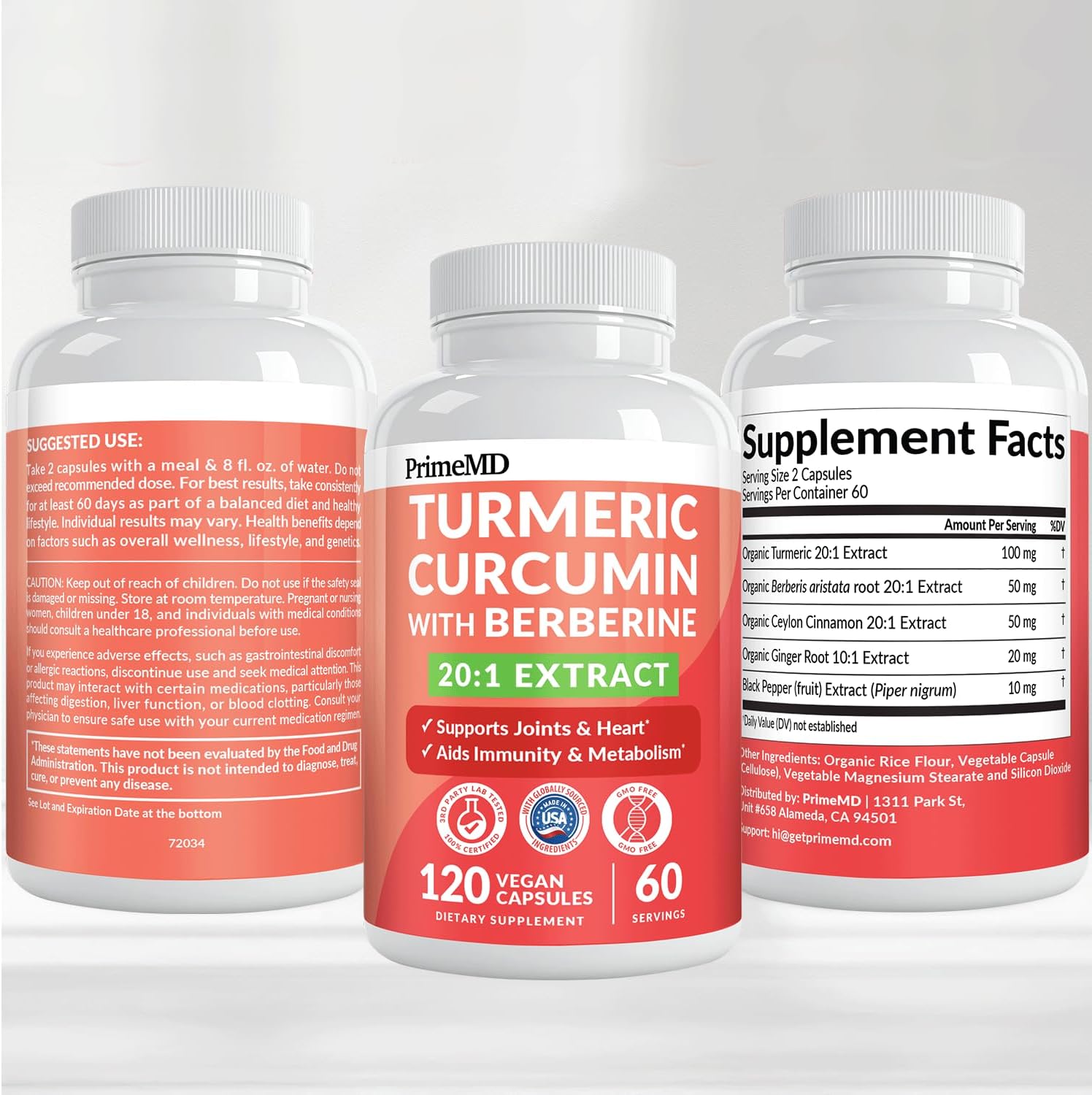 5-in-1 Organic Turmeric Curcumin Supplement (4210mg) with Berberine, Ceylon Cinnamon Bioperine and Ginger Supplements for Joint, Heart, Gut, & Metabolic Support - PrimeMD
