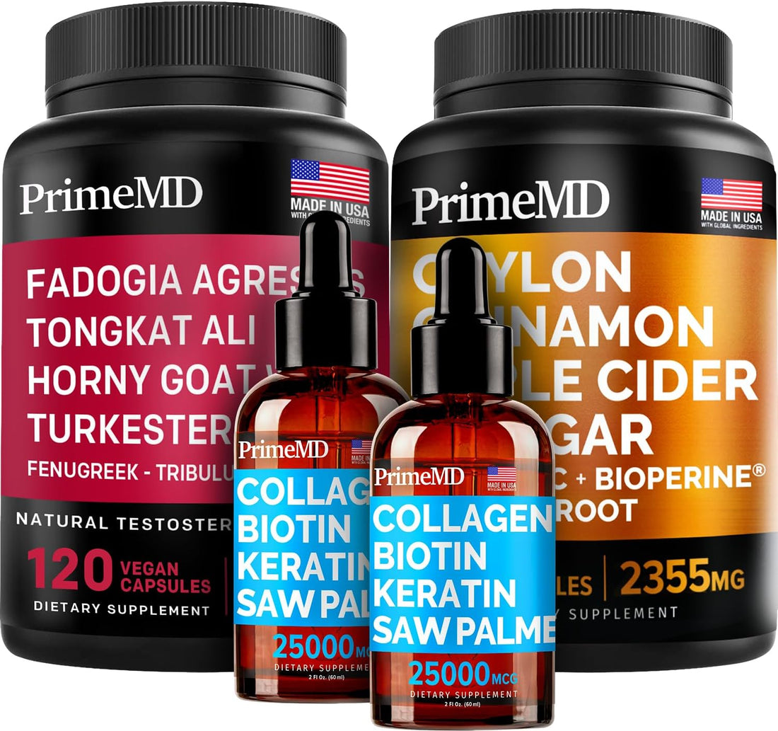 Ceylon Cinnamon (1pk), Liquid Collagen Biotin (2pk), and Fadogia Tongkat Ali (1pk) Supplement Bundle - Potent Vitamins for Heart, Hair, Skin, Nails, Testosterone, & Immune Support - Non-GMO, Vegan - PrimeMD