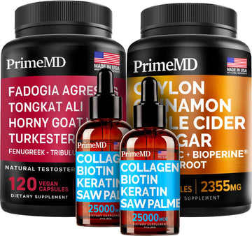 Ceylon Cinnamon (1pk), Liquid Collagen Biotin (2pk), and Fadogia Tongkat Ali (1pk) Supplement Bundle - Potent Vitamins for Heart, Hair, Skin, Nails, Testosterone, & Immune Support - Non-GMO, Vegan - PrimeMD