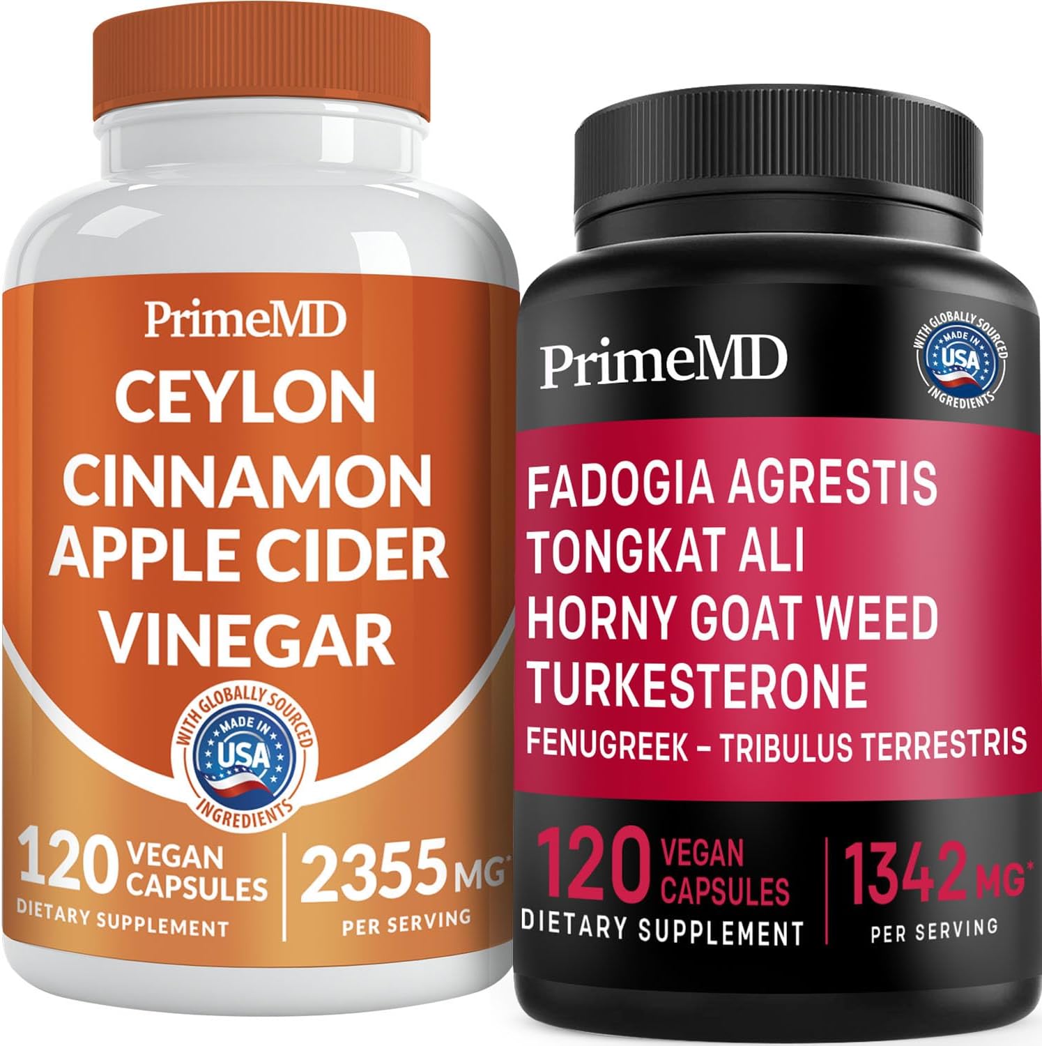 Ceylon Cinnamon (1pk) and Fadogia Tongkat Ali (1pk) Supplement Bundle - Potent Vitamins for Heart, Energy, Muscle, Testosterone, & Immune Support - Non-GMO, Vegan, Gluten-Free - PrimeMD