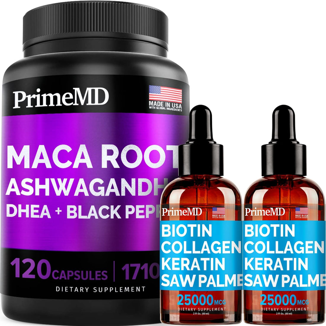 4-in-1 Liquid Biotin Collagen Keratin Saw Palmetto Drops (2 fl oz - 2 Pack) & 6-in-1 Maca Root Ashwagandha w Black Pepper Fruit (120ct) Bundle - Hair, Skin, Nails, Energy & Mood Support Supplement - PrimeMD