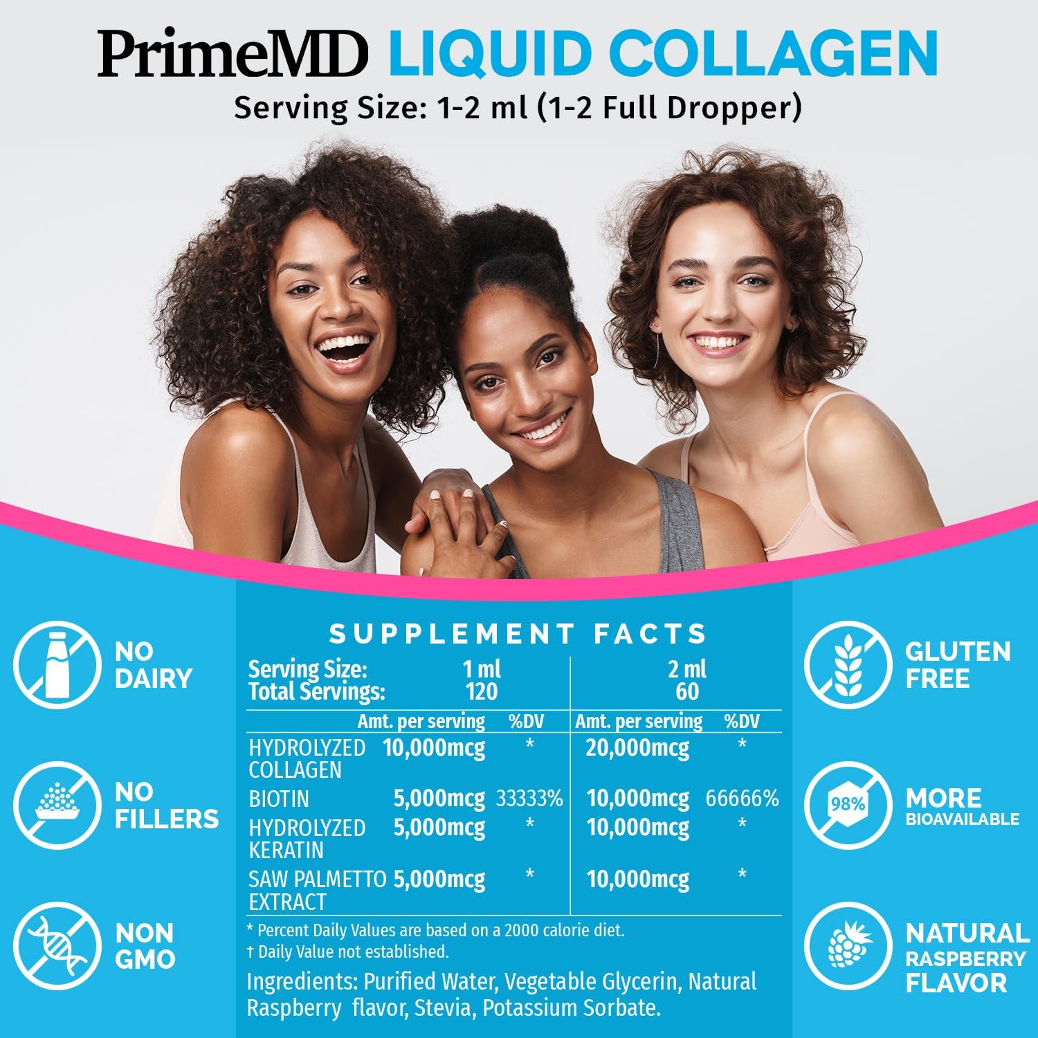 Liquid Collagen Biotin (2pk) and Fadogia Tongkat Ali (1pk) Supplement Bundle - Potent Vitamins for Hair, Skin, Nails, Heart, Energy, & Testosterone Support - Non-GMO, Vegan - PrimeMD