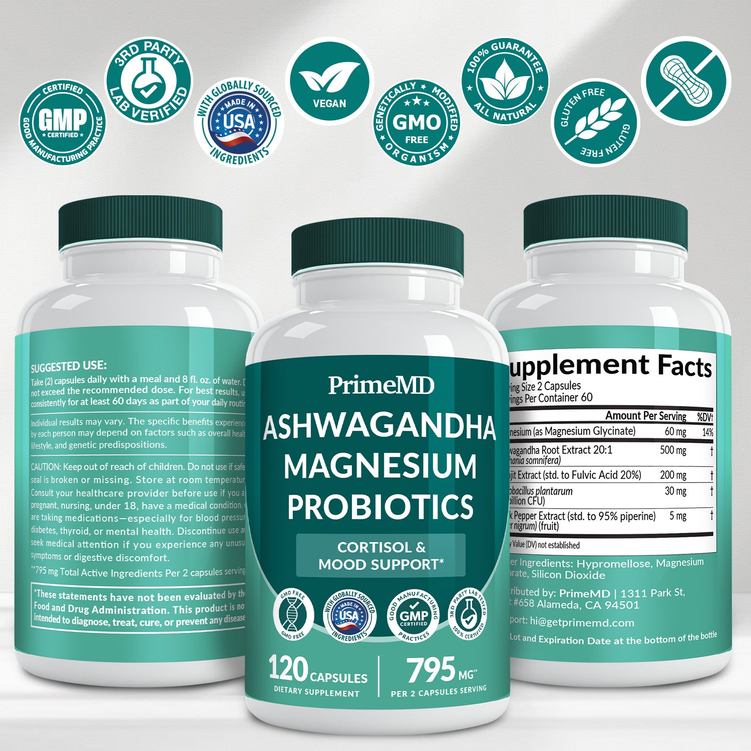 5-in-1 Cortisol Supplement for Women and Men with Ashwagandha for Calmness, Focus, and Adrenal Support Supplements with Shilajit Extract, Magnesium Glycinate, Probiotics - PrimeMD