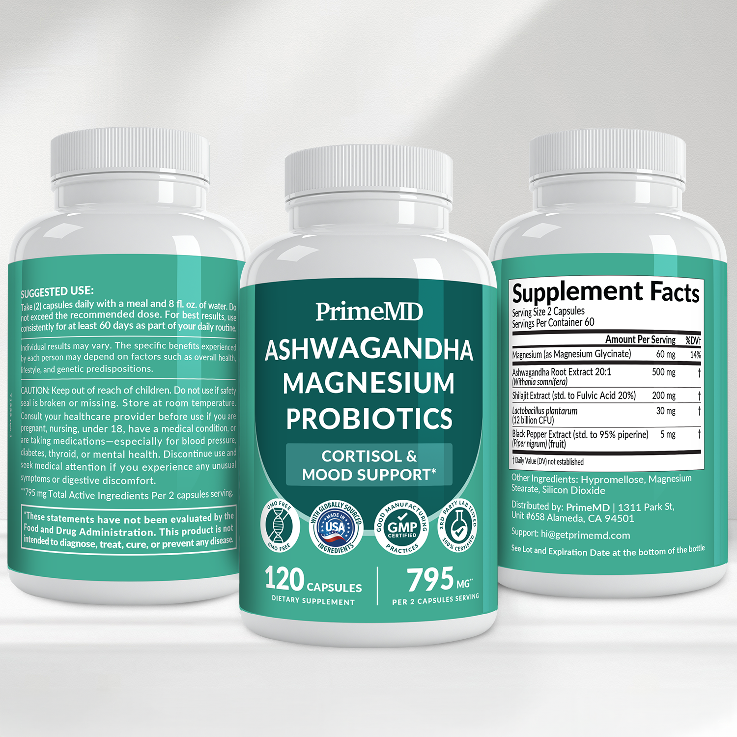5-in-1 Cortisol Supplement for Women and Men with Ashwagandha for Calmness, Focus, and Adrenal Support Supplements with Shilajit Extract, Magnesium Glycinate, Probiotics - PrimeMD