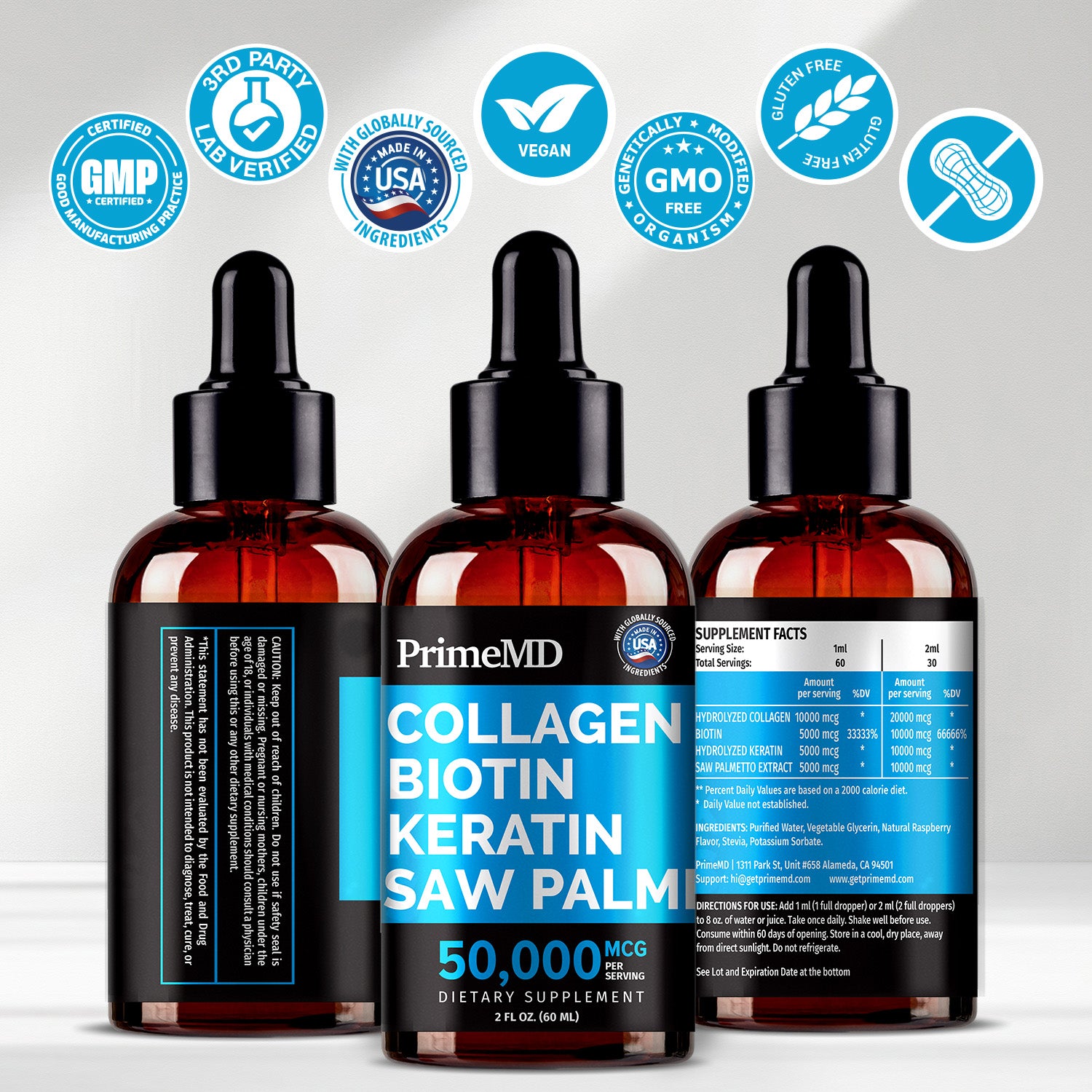 Liquid Collagen Peptides for Women - Serum Complex with Biotin Vitamin, Hydrolyzed Keratin Protein and Saw Palmetto - Comprehensive Formula for Hair, Skin, and Nails Wellness - 2fl oz - PrimeMD