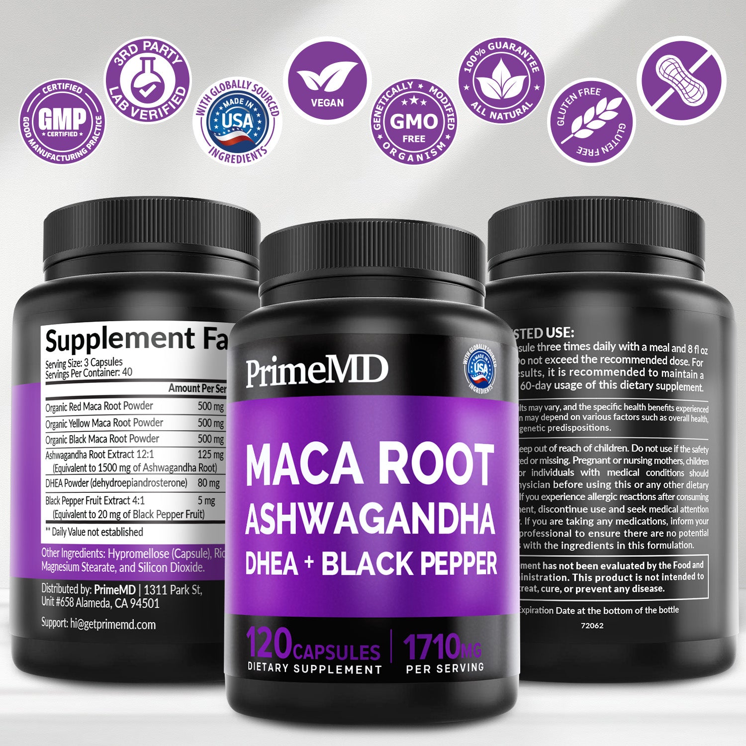 6-in-1 Organic Maca Root Ashwagandha Capsules 1710mg with DHEA and Black Pepper Fruit Extract for Women and Men - Black Maca Supplement for Stamina, Bone and Mood Support Supplement - PrimeMD