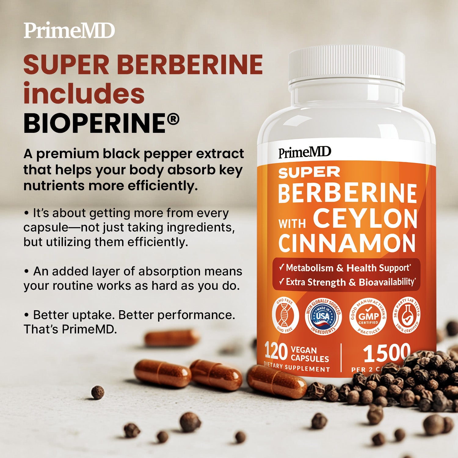 Super Berberine Supplement with Ceylon Cinnamon, BioPerine, Apple Cider, and Turmeric 1500mg - 8-in-1 Dihydroberberine Supplement for Overall Wellness and Balance Support - PrimeMD